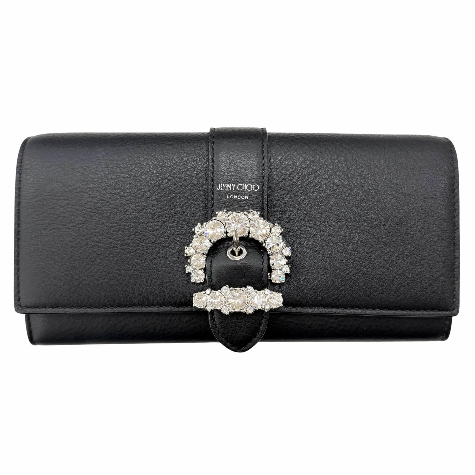 極美品◇JIMMY CHOO ジミーチュウ 伝達ルート石ころ チェーンストラップ付き添い人 なめし革 ショルダーウォレット 長紙入れ 黒いこと 箱・保護すること袋付き添い人 レディース【中古】