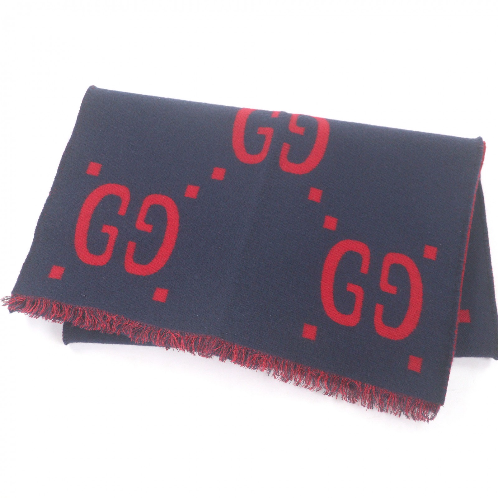 美品□GUCCI グッチ 495592 羊毛 地絹 ジャンボGG ジャかばい立て 付け届け品 フリンジマフラー 米国海軍 赤いこと イタリア製 定め事品 メンズ【中古】