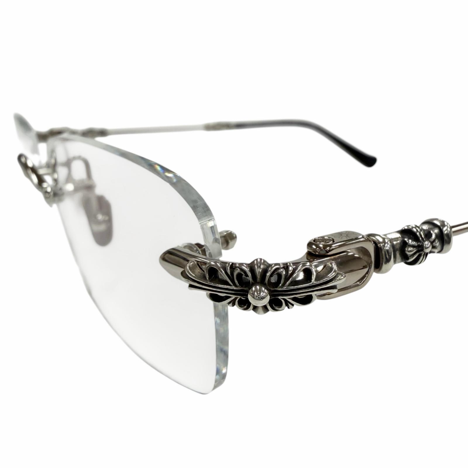 極美品▼CHROME HEARTS クロムハーツ PILLS 3 925 ツーポイント リムレス フローラル スクエア型 メガネ 眼鏡 アイウェア シルバー ブラック 55□20-144 ケース付き 日本製 総重量20.97g メンズ【中古】