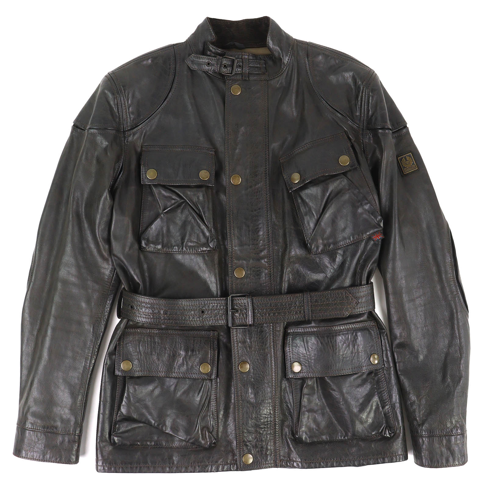 【ドンドン見直し】良品△BELSTAFF ベルスタッフ ゴールドレーベル モーターサイクルコート ロゴプレート ベルト付き レザーコート ダークブラウン系 M イタリア製 メンズ【中古】