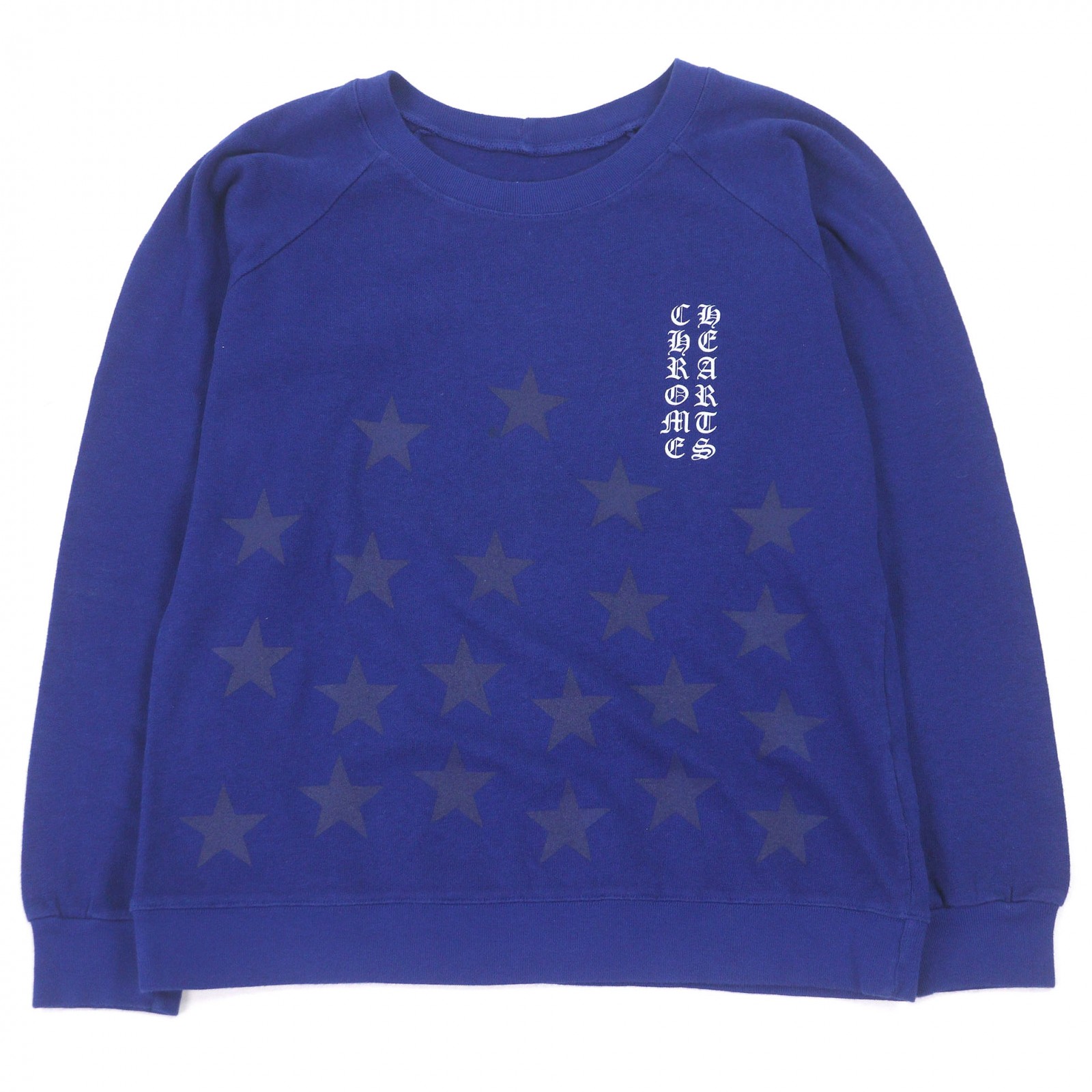 良品□CHROME HEARTS クロムハーツ 綿織物 はやりっ子 スクロールラベルプリント ロング捩り 長袖Ｔシャツ 青み XS USA製 メンズ【中古】