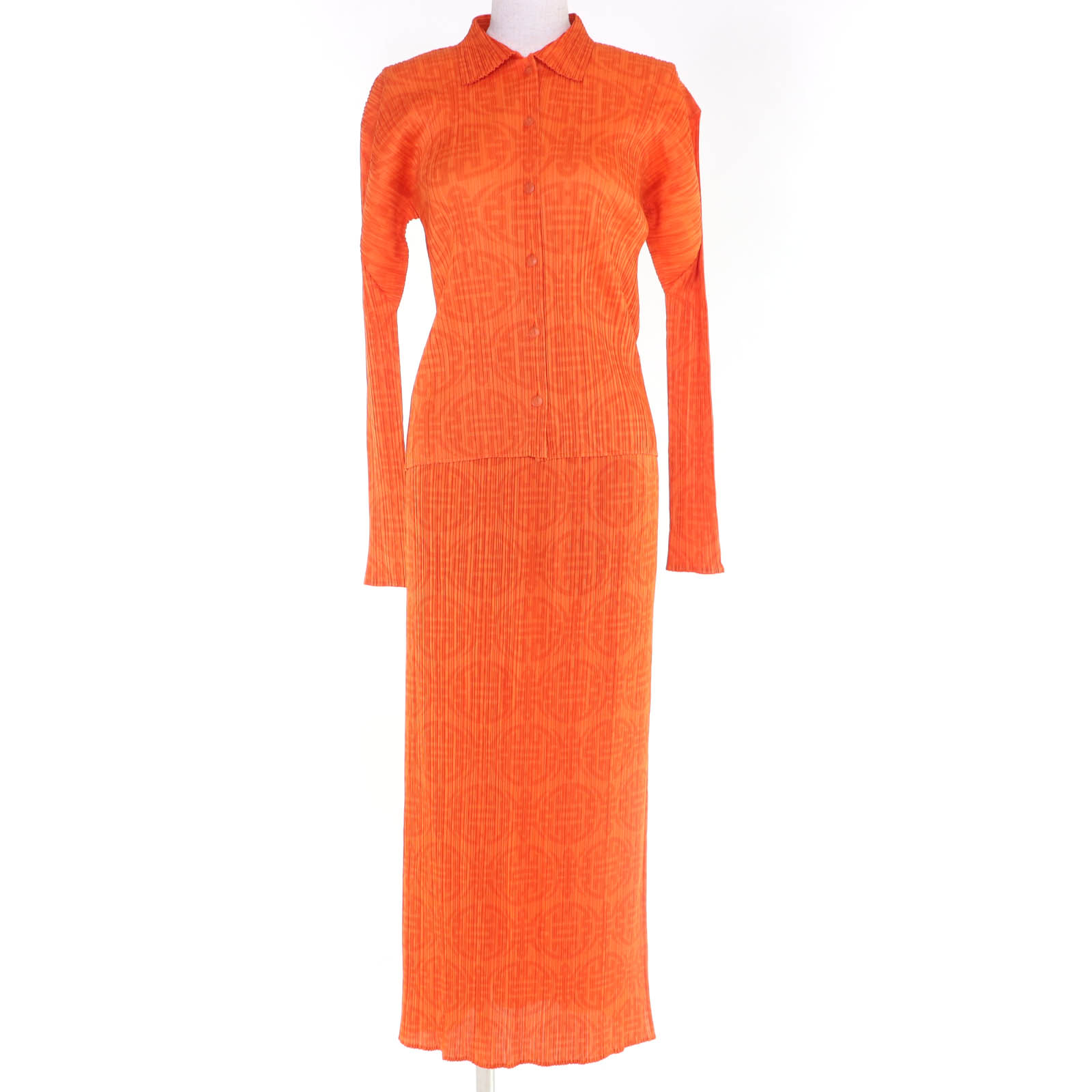 極美品☆PLEATS PLEASE 筋目プリーズ イッセイミヤケ PP82-JK724/PP82-JG713 総柄ひな形 プルオーバー/細長い切口スコート セットアップ オレンジ色 3 日本製 定め事品 レディース【中古】