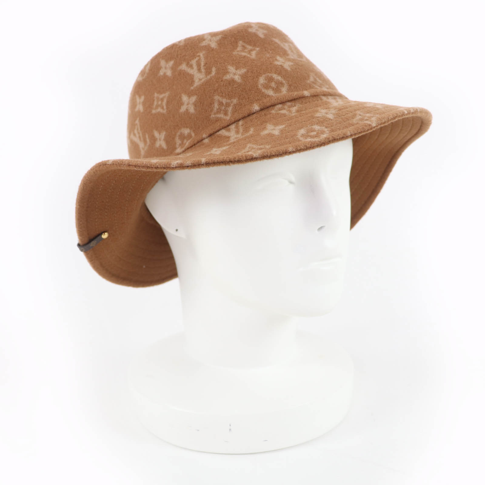 極美品☆LOUIS VUITTON ルイヴィトン 2021年製 M77295 キャリーオン ウール100％ モノグラム柄 リバーシブル バケット ハット ブラウン M イタリア製 正規品 レディース【中古】