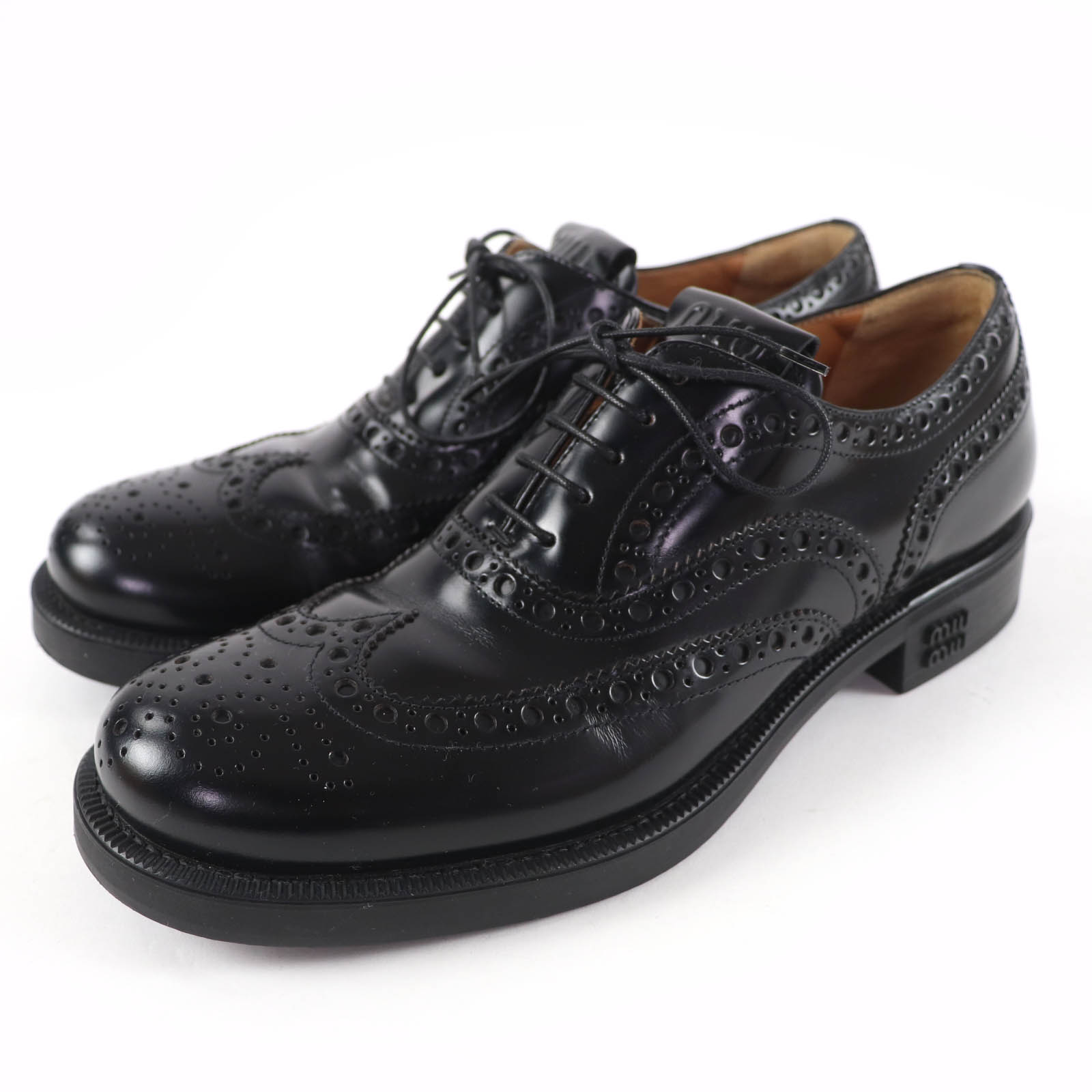 極美品☆Churchs Miu Miu 教会堂 ミュウミュウ 5E038E 舞台の袖心付け オックスフォード なめし革シューズ 黒いこと 39 箱・保護すること袋付き添い人 イタリア製 レディース【中古】