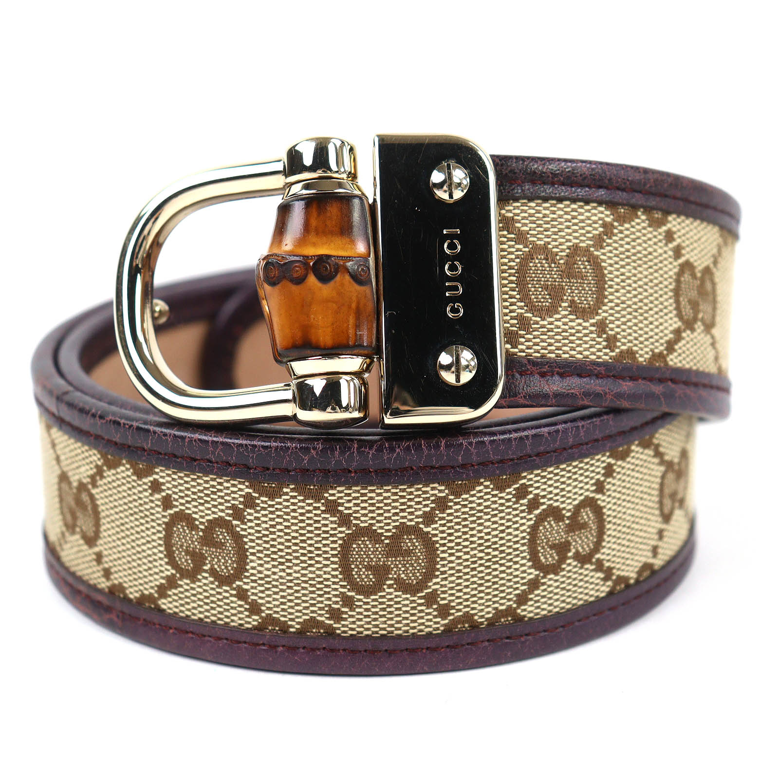 極美品△GUCCI グッチ 214351 バンブー レザー使い GGキャンバス ベルト ベージュ ブラウン 85 34 イタリア製 メンズ レディース【中古】