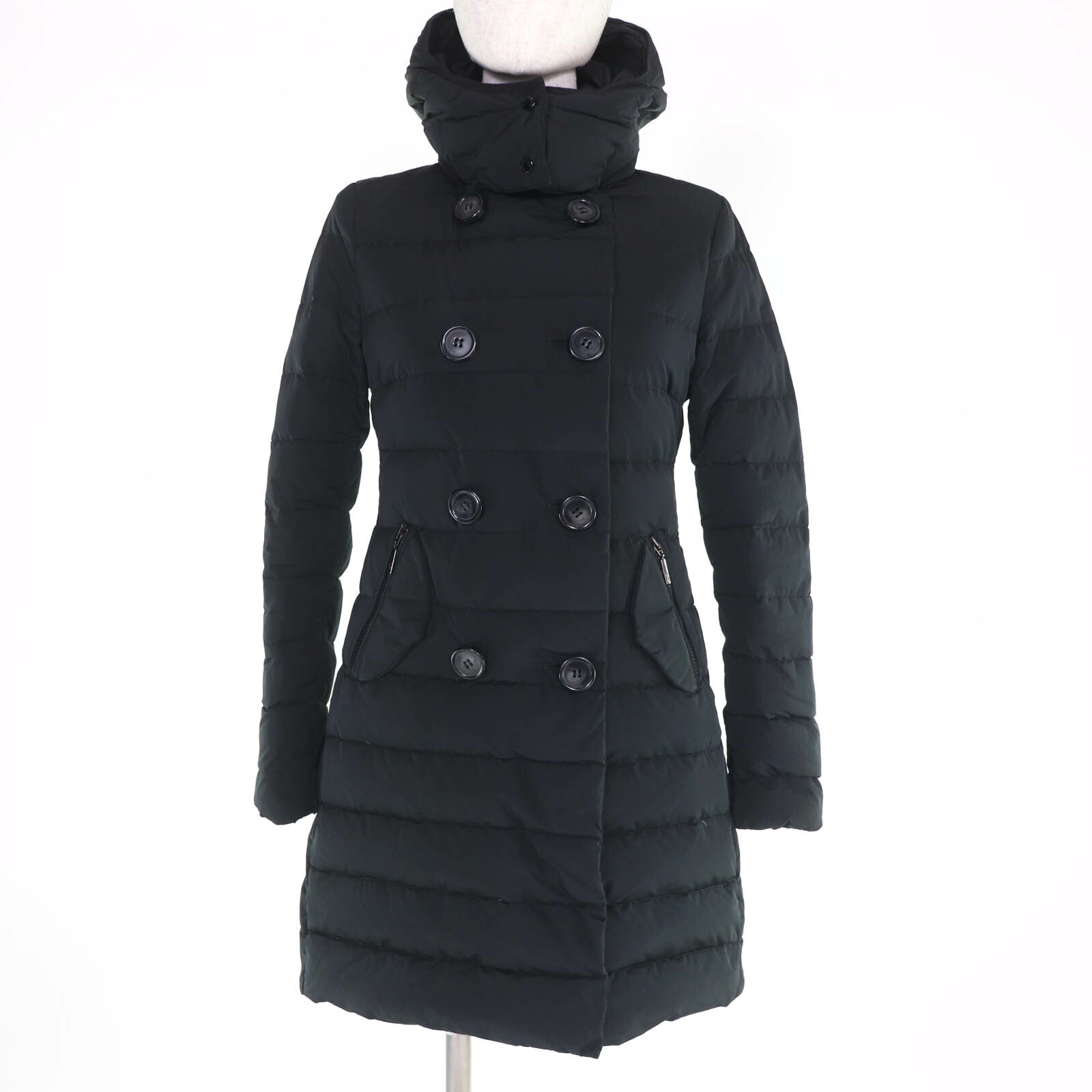 美品☆MONCLER モンク軌跡 GARBET ロゴタイプ名取り草・ボンネット付 ZIP UP 落ち込む厚地の外套 落ち込む上衣 黒いこと 00 レディース【中古】