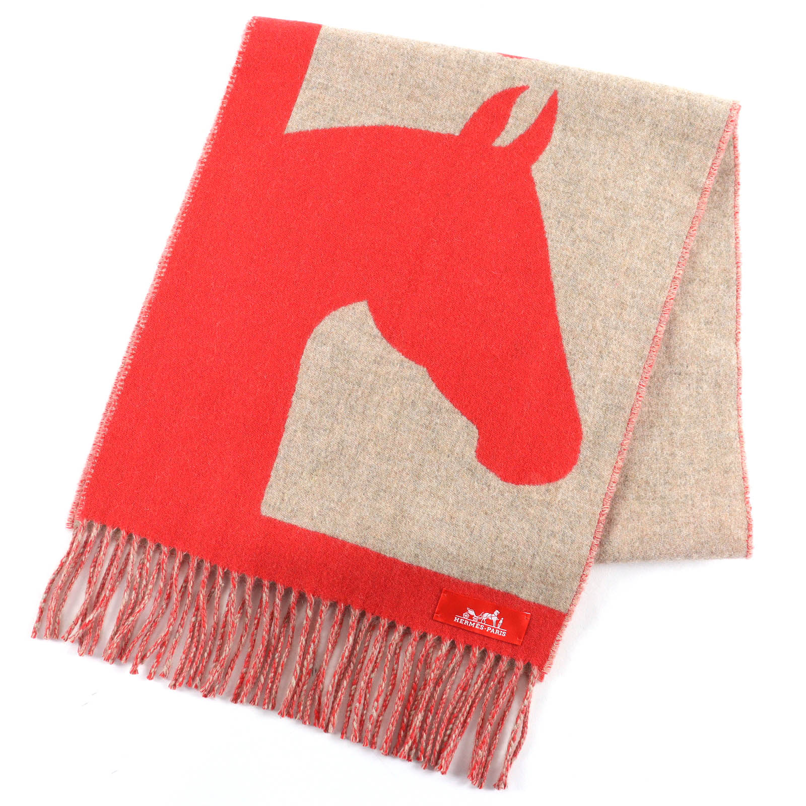 極美品△HERMES エルメス ラブストーリー カシミール エカルラート/ベージュ シネ フリンジ えり巻き 赤いこと系 ベージュ 連合王国製 レディース 【中古】