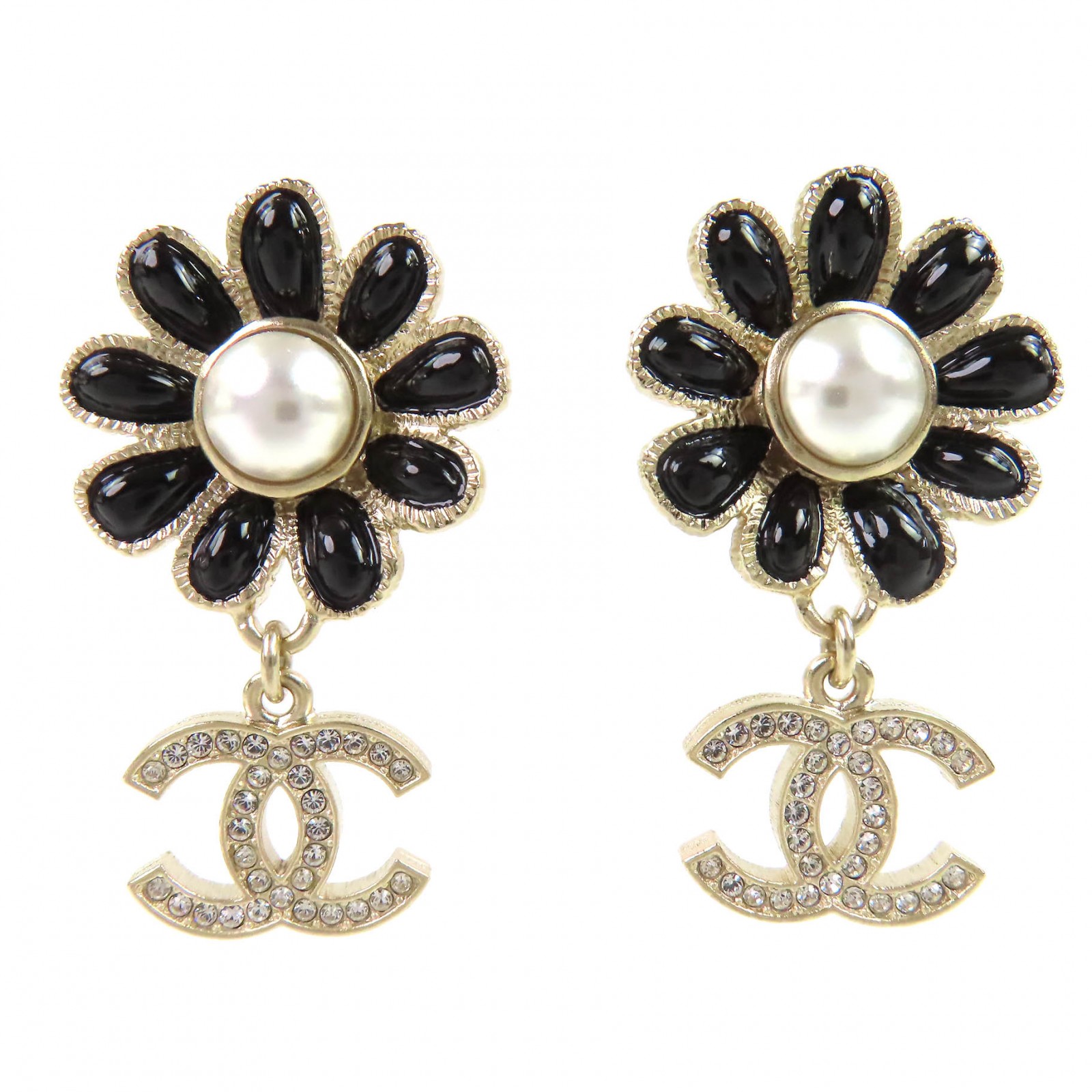 極美品△CHANEL シャネル A22K GP ココマーク フラワー ラインストーン フェイクパール スウィング ピアス 両耳用 ゴールド ブラック フランス製 レディース 大人可愛い オススメ◎【中古】|衣類&ブランドリサイクル GREEN