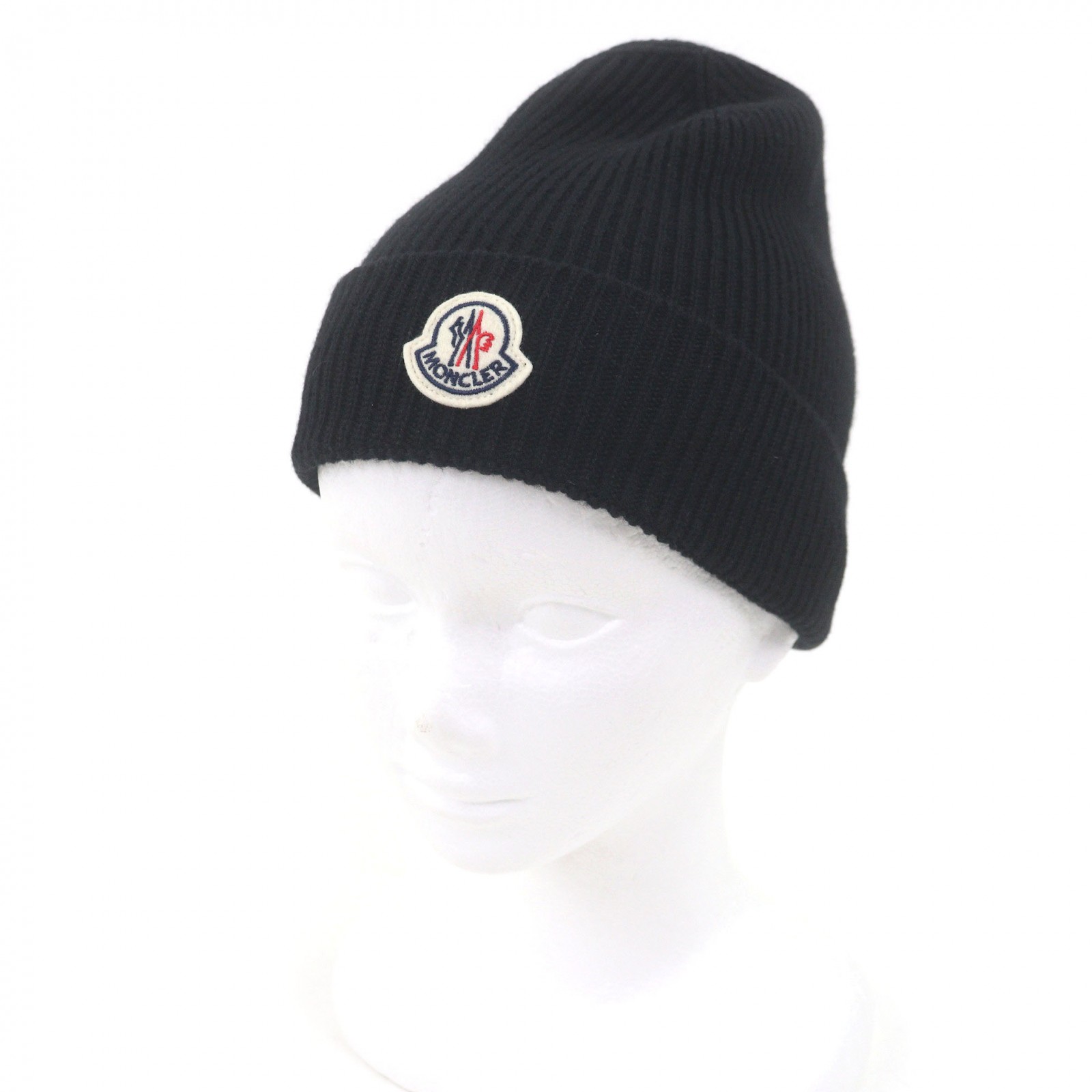 極美品□MONCLER モンク線路 2023年製 BERRETTO TRICOT 羊毛 ロゴタイプ紋章 編み物帽 ビーニー 編み物旗がしら 黒いこと UNI イタリア製 置き目品 メンズ 【中古】