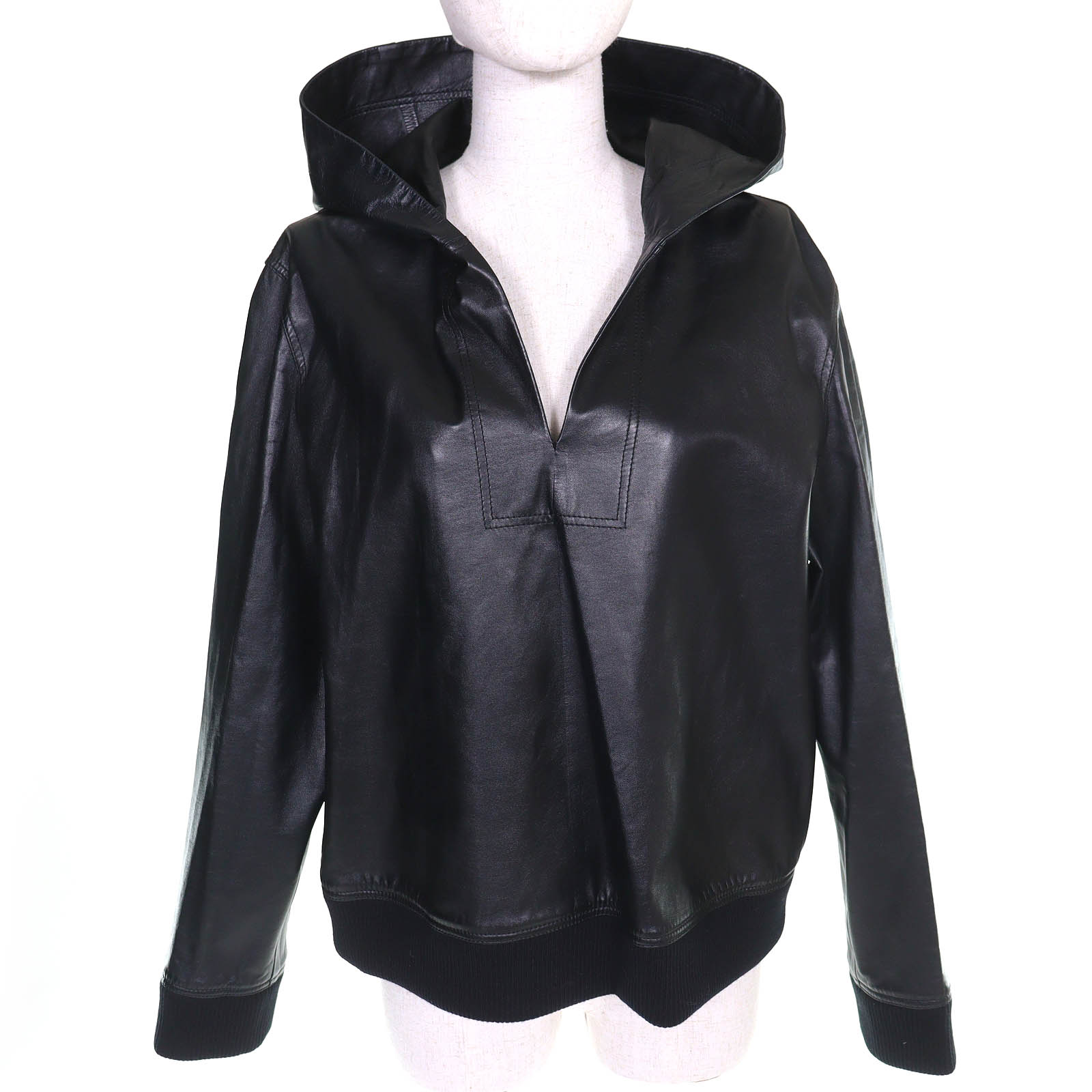 未使用品△BURBERRY バーバリー 8047279 ラムレザー 長袖 プルオーバー フーディー パーカー ブラック 42 イタリア製 正規品 レディース オススメ◎ 【中古】