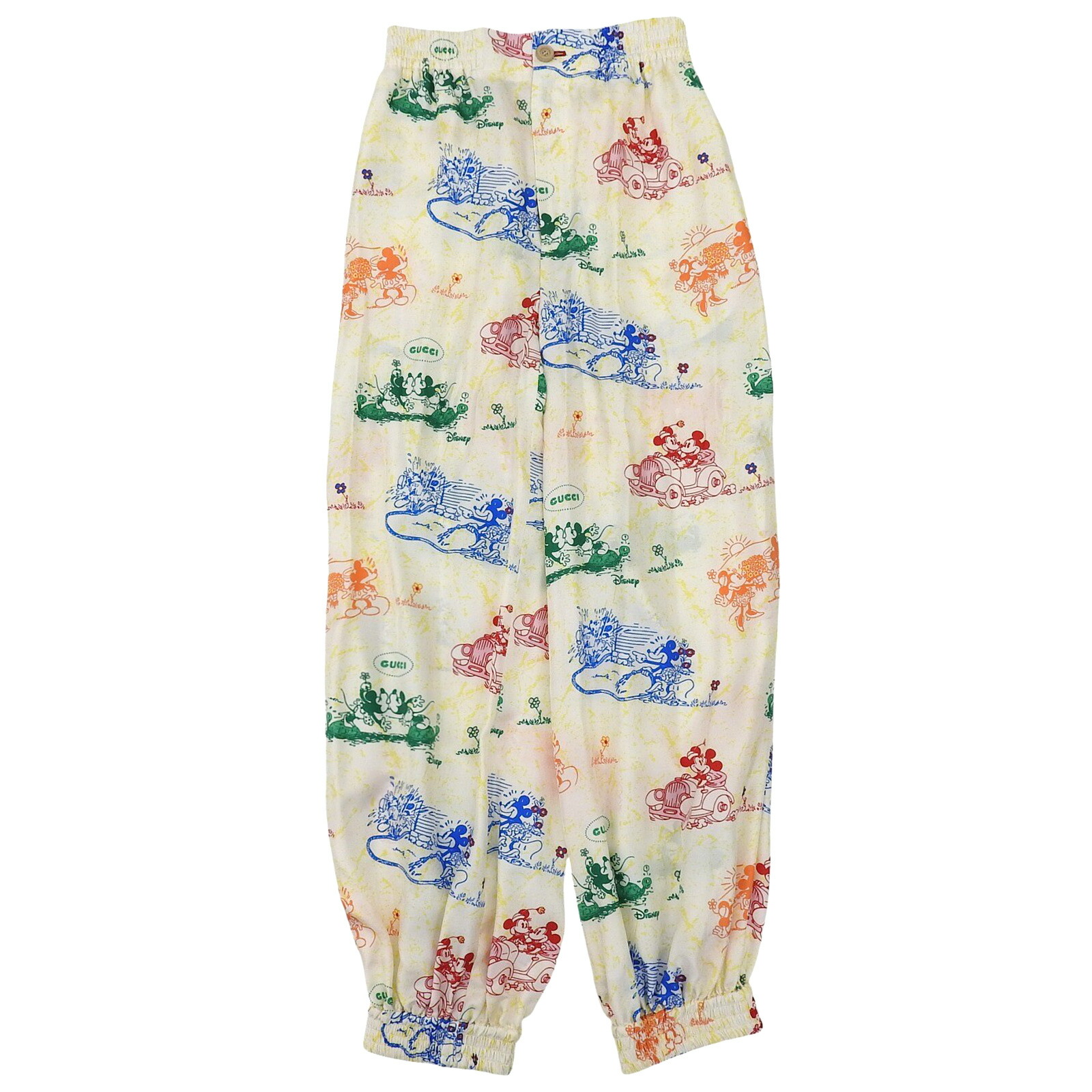 未当て嵌める品▲GUCCI×Disney  グッチ×ウォルトディズニー 596965 地絹100％ 総柄 ジョガーパンツ マルチ色つや 36 イタリア製 置き目品 レディース【中古】
