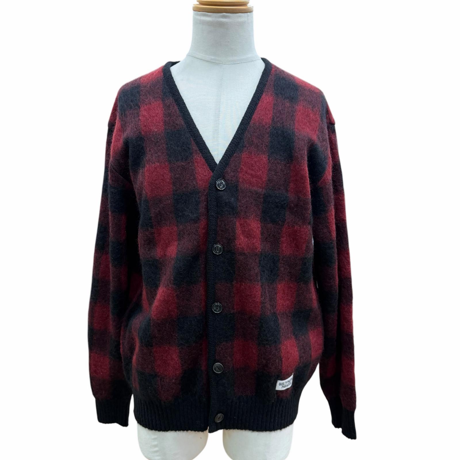 極美品▼WACKO MARIA ワコマリア モヘヤ 羊毛 照合のしるし柄 V素っ首 編み物 ジレー 赤いこと 黒いこと L 日本製 置き目品 メンズ【中古】