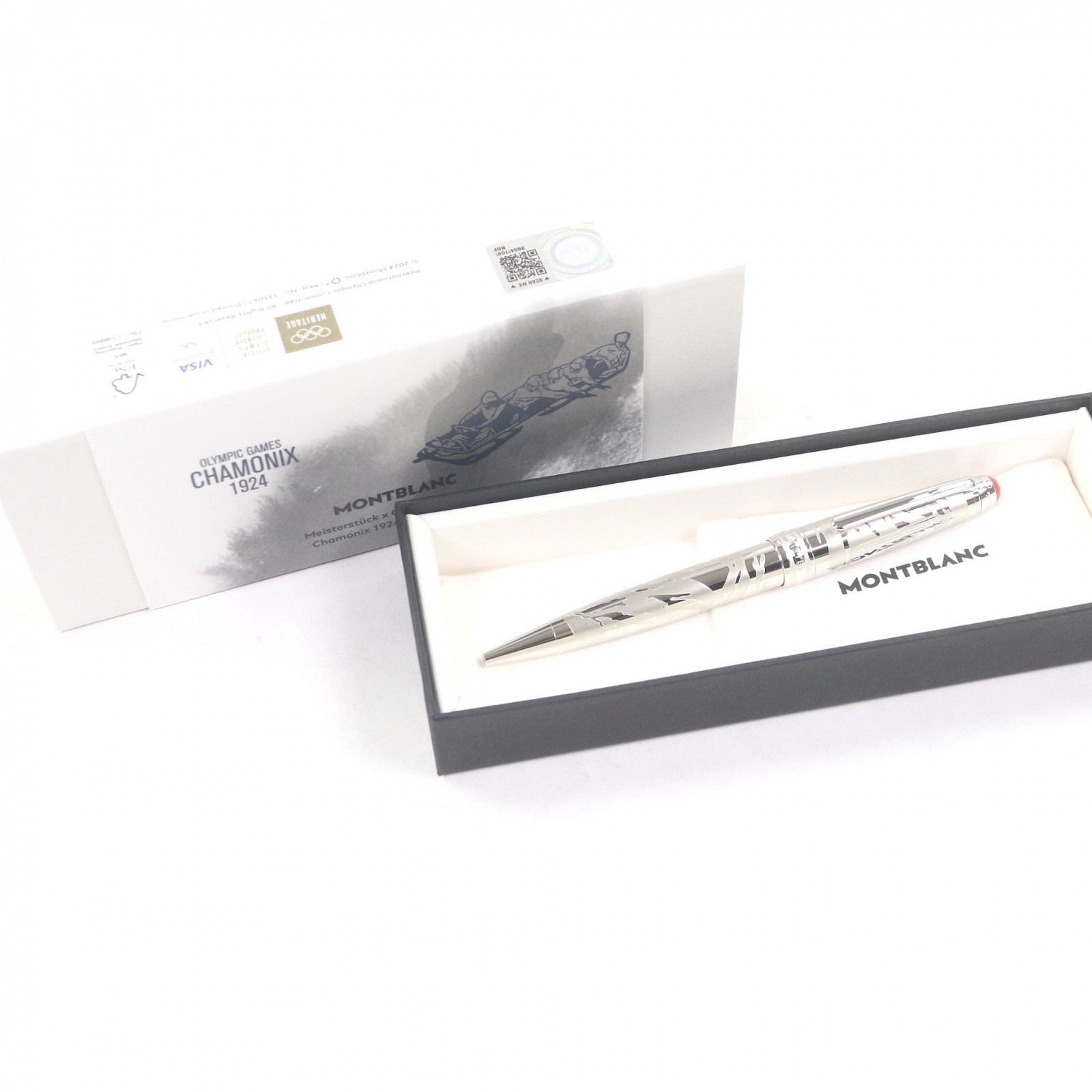 極美品□MONTBLANC モンブラン マイスターシュテュック 国際オリンピック競技大会 ヘリテイジ シャモニー 1924 ソリ尻っ方 100周年祝する ボールペン しろがね色 ＦＲＧ製 メンズ 書きあらわす突きとめる済み 箱・保護すること袋付き添い人 【中古】