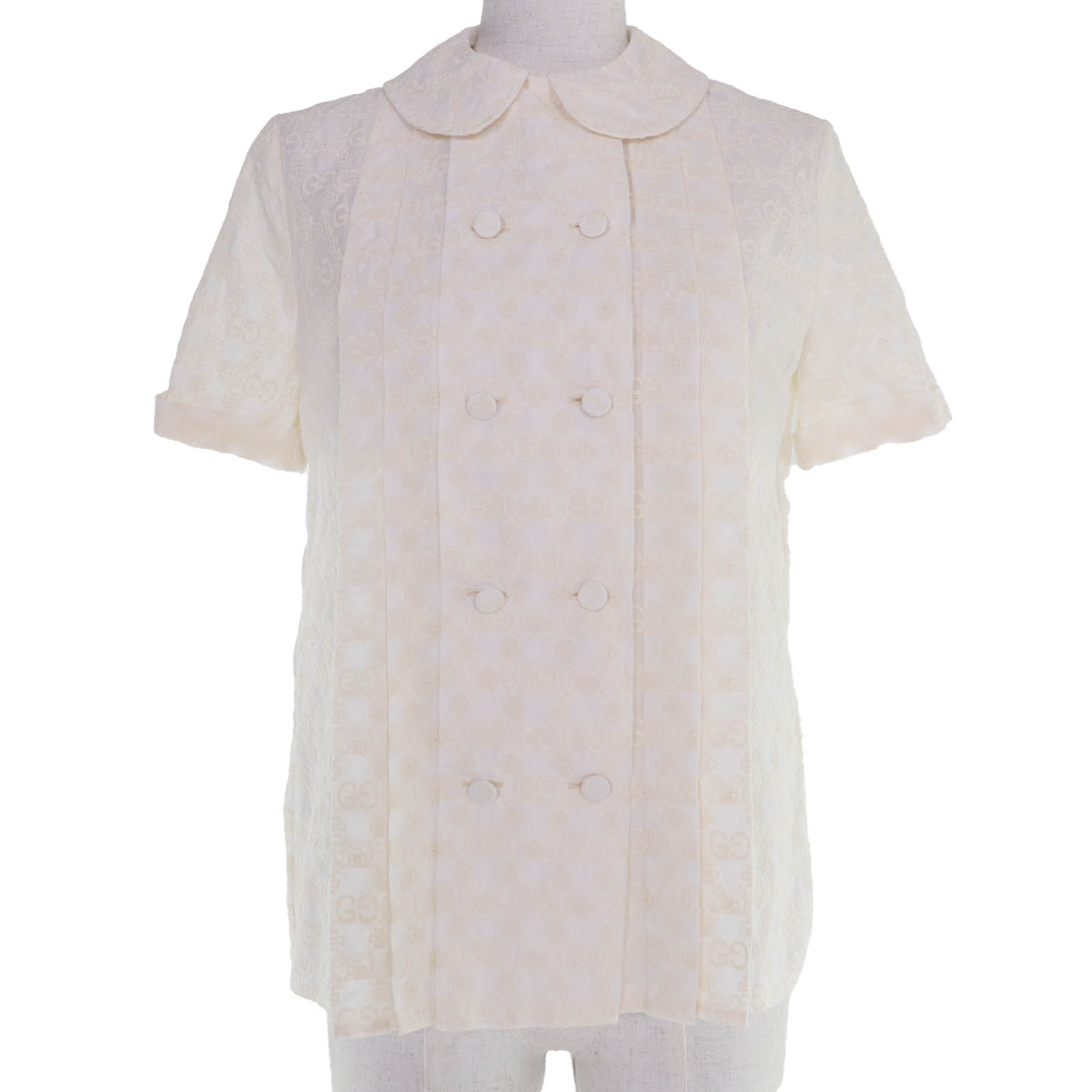 極美品☆GUCCI グッチ 627402 綿織物 GG・御花刺しゅう入り口・入口 半袖プルオーバー トップ 象牙色 36 イタリア製 置き目品 レディース 【中古】