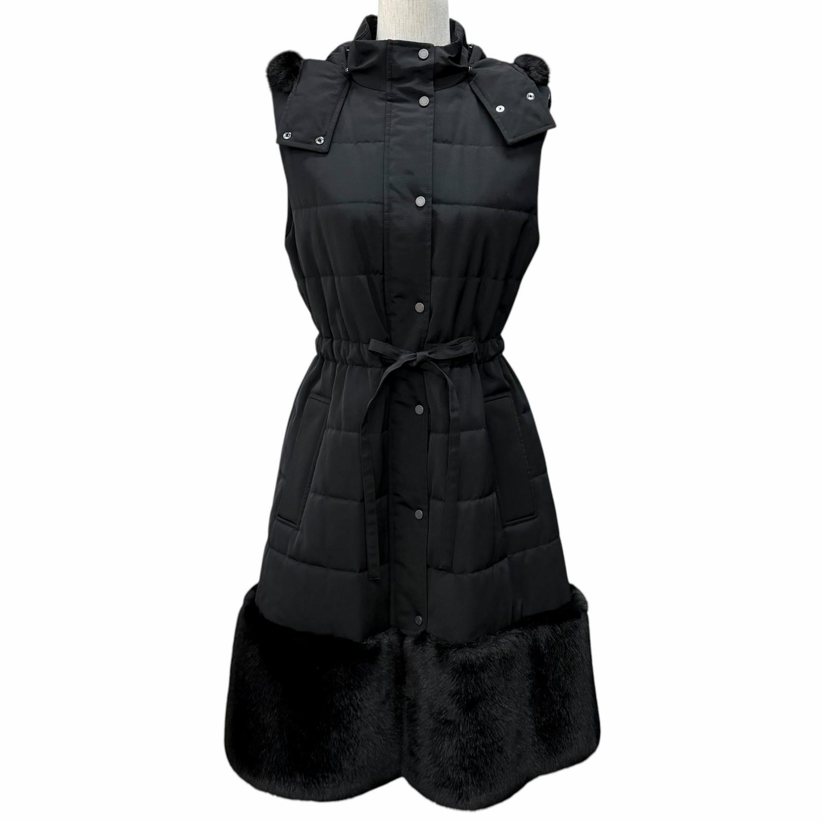 極美品★FOXEY NEW YORK フォクシー ニューヨーク州 38933-MACFN106T ボンネット・ロゴタイプ名取り草付 中綿 ロングジレ より良い 黒いこと 38 日本製 定まり品 レディース 【中古】