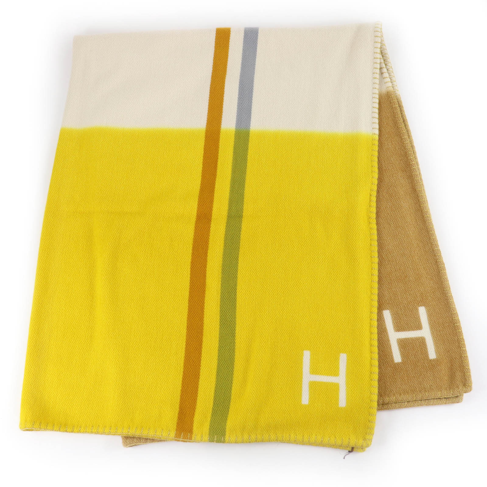 未当て嵌める品☆HERMES エルメス ダイサングル 毛布 カシミール100％ シトロン パイユ Hロゴタイプ 150×200珊 大判 レディース  【中古】