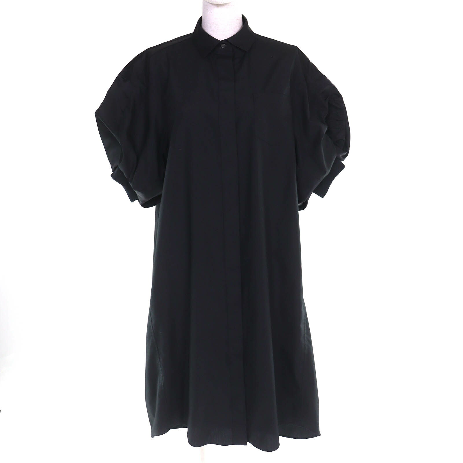 美品△Sacai サカイ 22SS 22-06069  Nylon Twill Mix Dress 綿織物 デザインパフスリーブ ロング プルオーバー衣装 黒いこと 2 日本製 置き目品 レディース 【中古】 ワンピース-レディースファッション