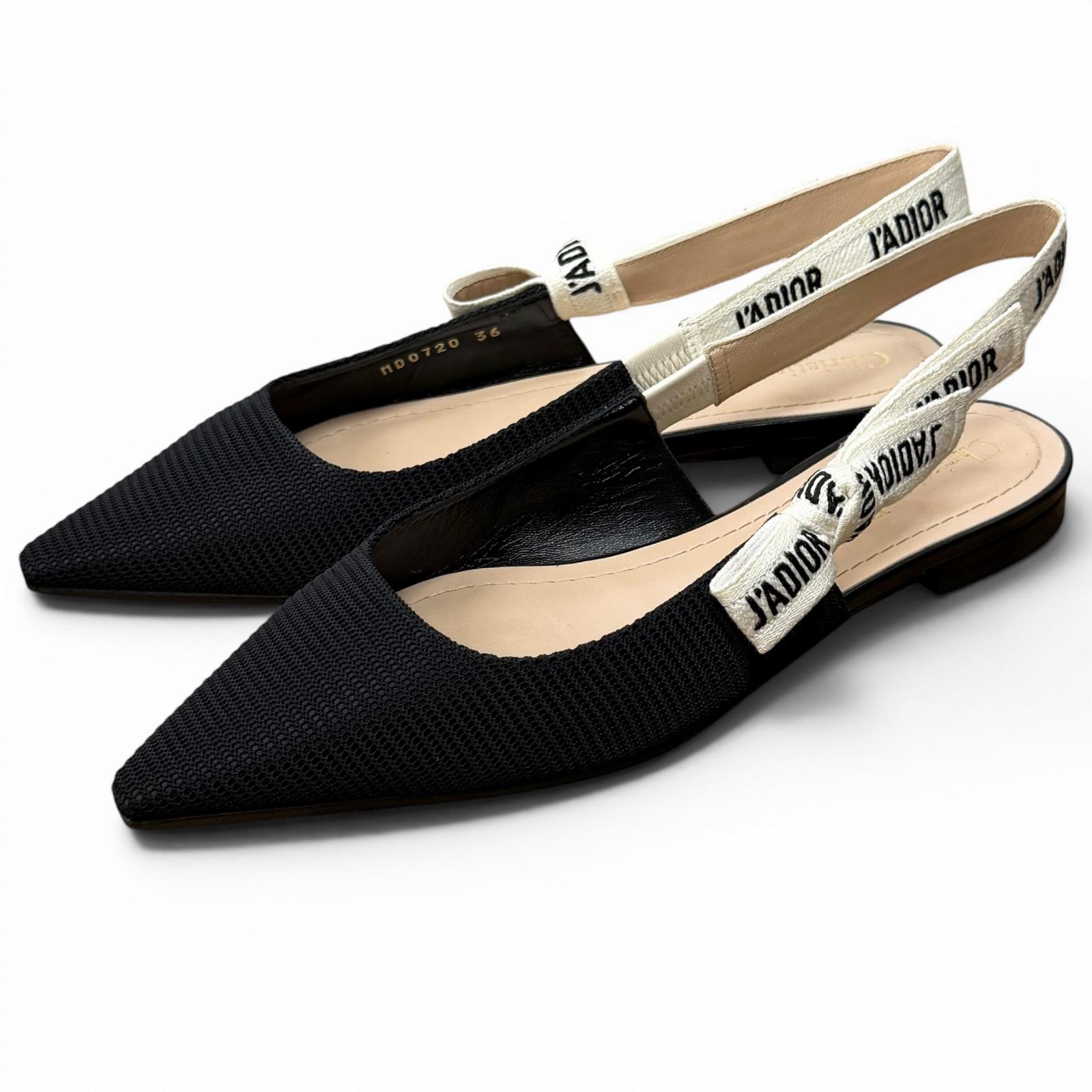 美品★Christian Dior ディオール KCB384TFLS900 J’ADIOR なめし革使い走り スリングバック 平ったい パンプス 黒いこと 象牙色 36 イタリア製 レディース 箱付き添い人 【中古】
