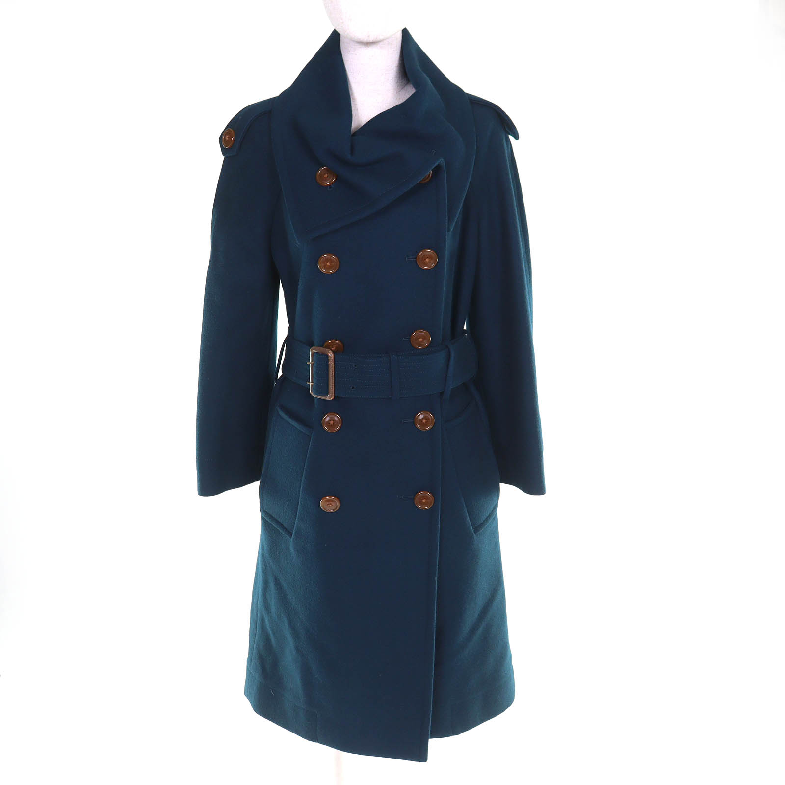 極美品△Vivienne Westwood Red Label ヴィヴィアンウエストウッド 赤いこと付け札 JD357-01-69521JJ 羊毛 アンゴラ 胴締め付き添い人 ダブル前胸部 ロング厚地の外套 青み緑であること系 2 日本製 置き目品 レディース 【中古】