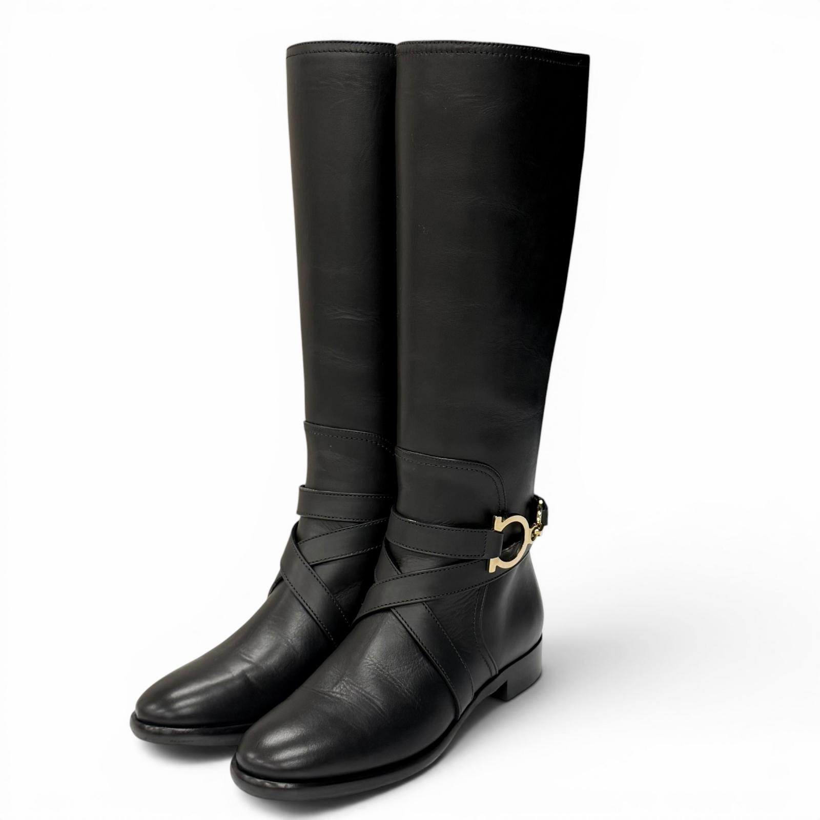 美品★Salvatore Ferragamo サルヴァトーレフェラガモ ダブルガンチーニ なめし革 ロングブーツ 黒いこと ゴールド金具 6.5 イタリア製 レディース 【中古】