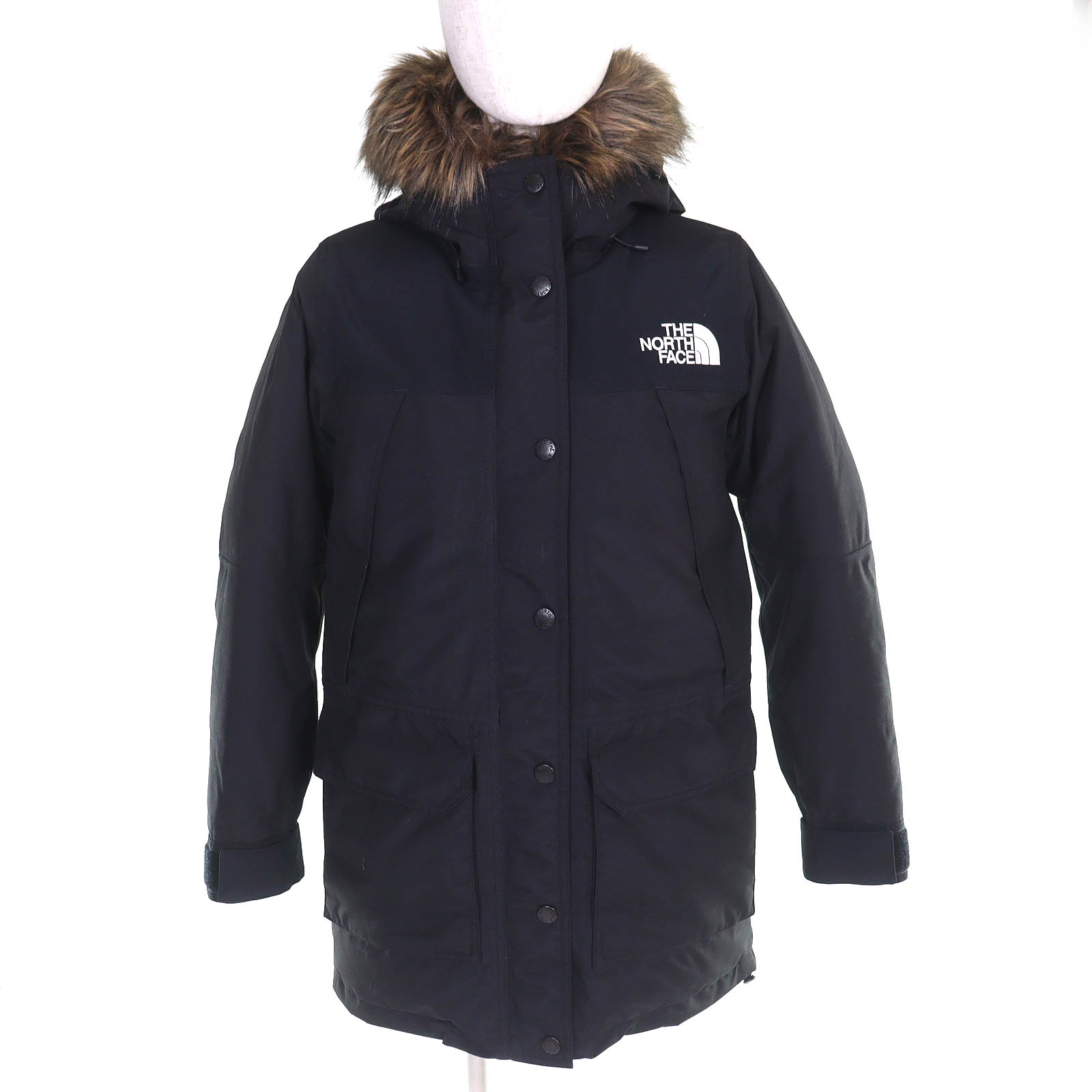 美品△THE NORTH FACE ザ・ノースフェイス NDW91935 Moutain Down Coat マウンテンダウンコート ゴアテックス ロゴタイプ刺しゅう エコ毛革・ボンネット付き添い人 落ち込む上衣 黒いこと S 定め事品 レディース 【中古】