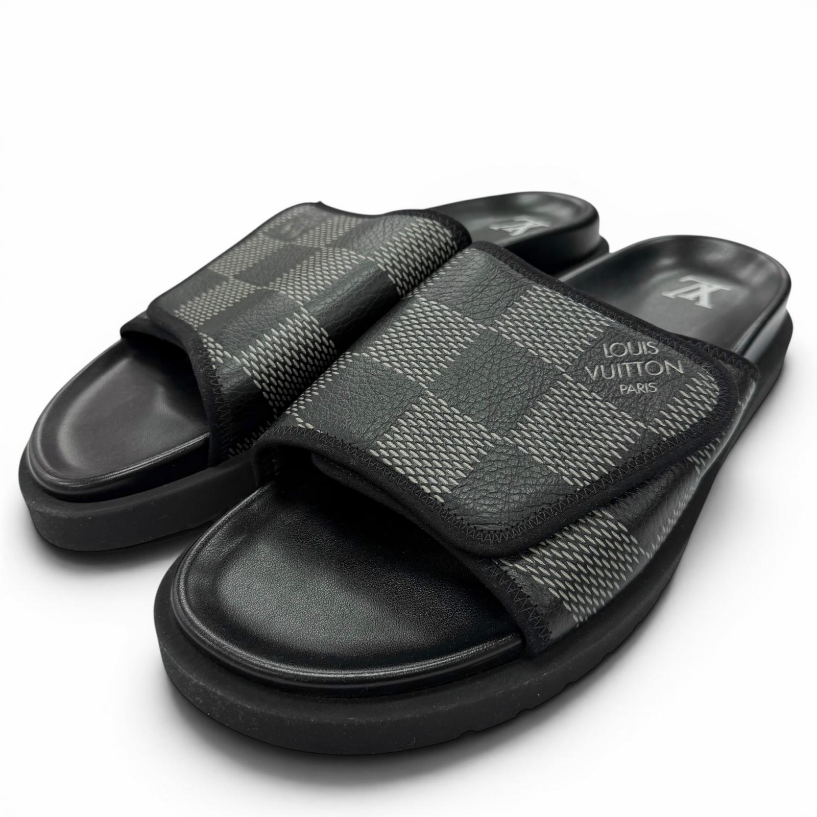極美品▼LOUIS VUITTON ルイヴィトン 2022年製 マイアミ伝達ルート ミュール なめし革 ダミエジャイアント 横すべりサンダル 黒いこと 9 イタリア製 メンズ 保護すること袋付き添い人 【中古】