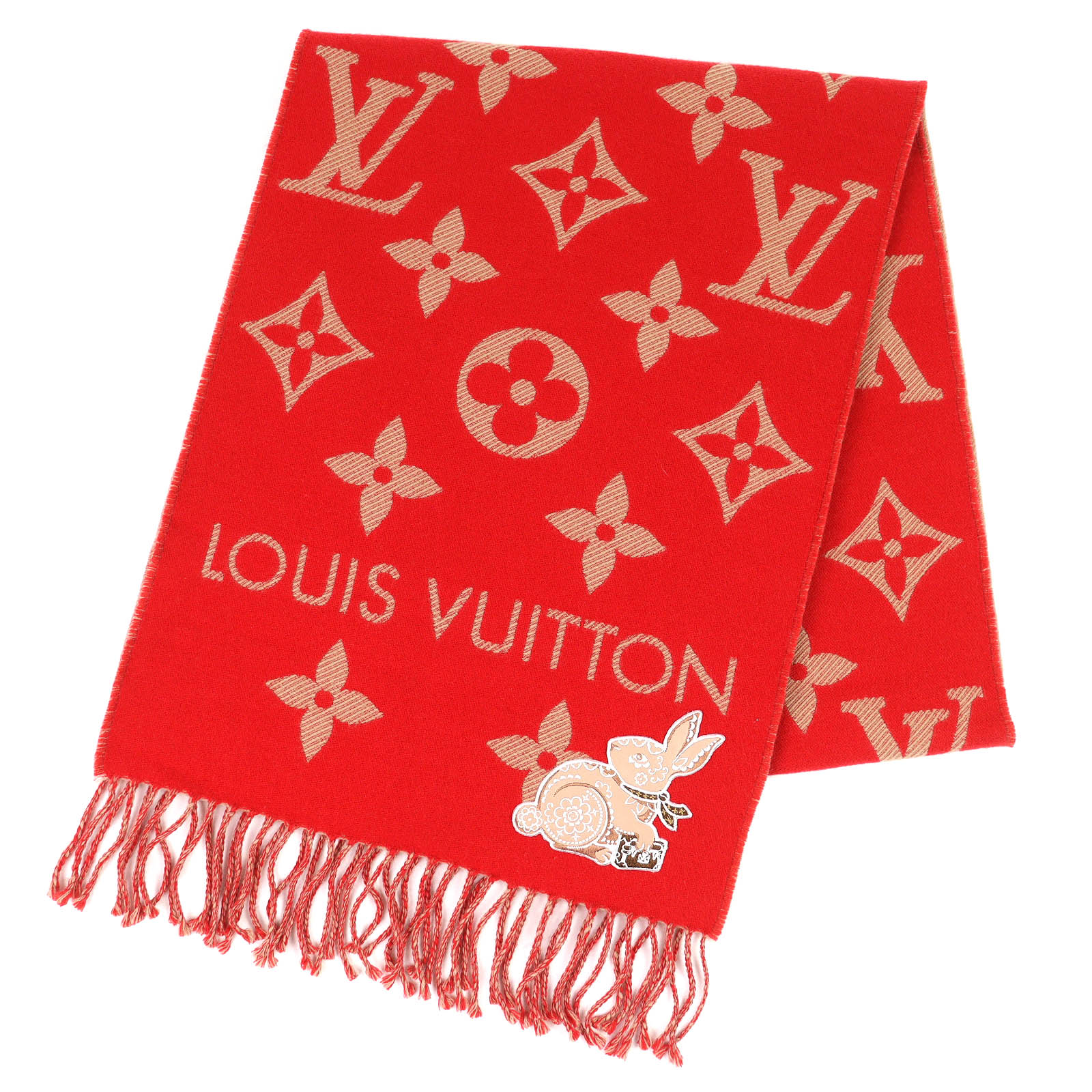 極美品△LOUIS VUITTON ルイヴィトン 2022年製 M78166 エシャルプ LV エセンシャル プレシャス 家兎 羊毛100% 干支寄せあわせ 家兎 兎  えり巻き 赤いこと ベージュ 170×34珊 イタリア製 定め事品 レディース 箱付き添い人 【中古】