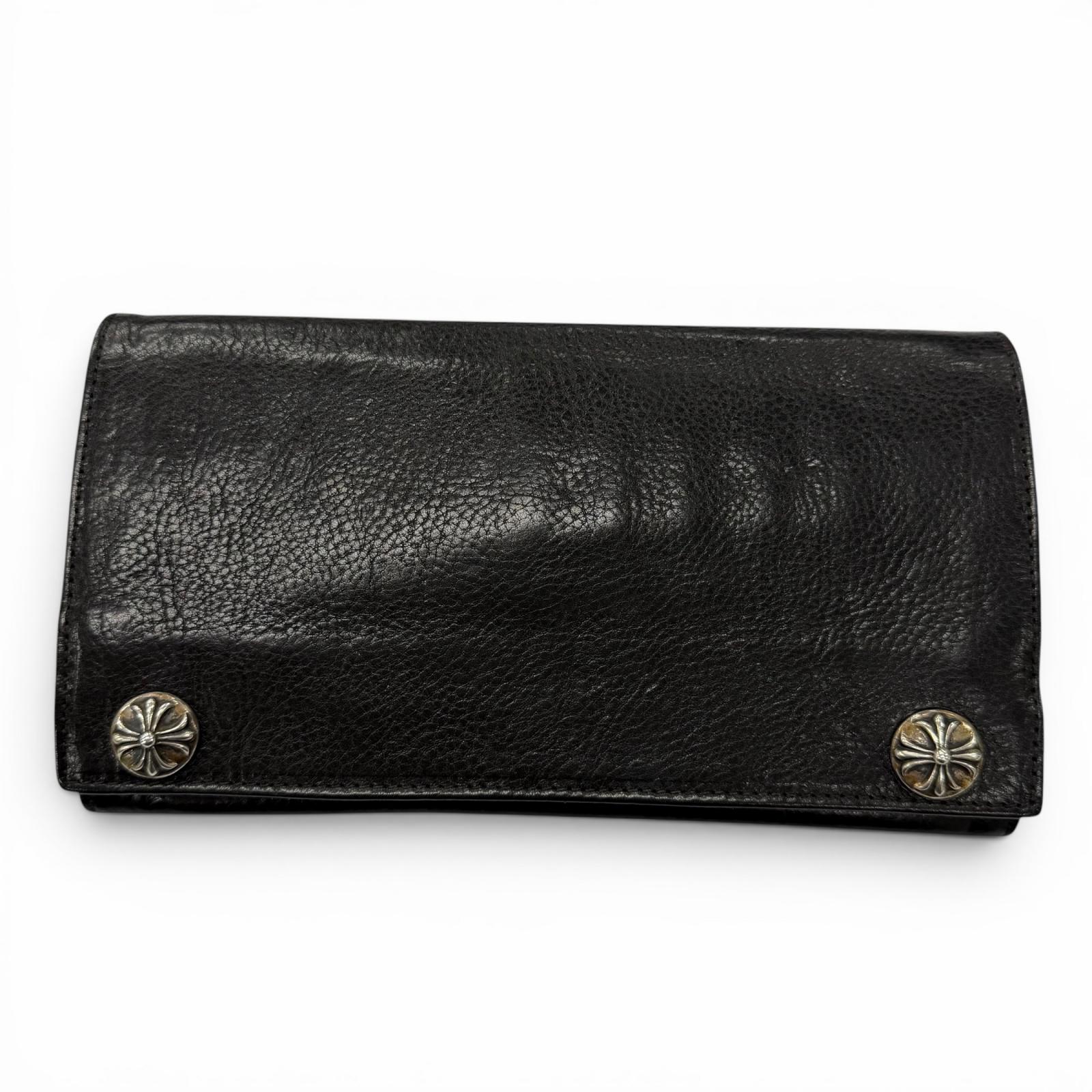 良品▼CHROME HEARTS クロムハーツ GREASY グリーシー もの言う花なめし革 925 差し交わす名取り草 ロングウォレット 二つ折り長札入れ 黒いこと しろがね色金具【中古】