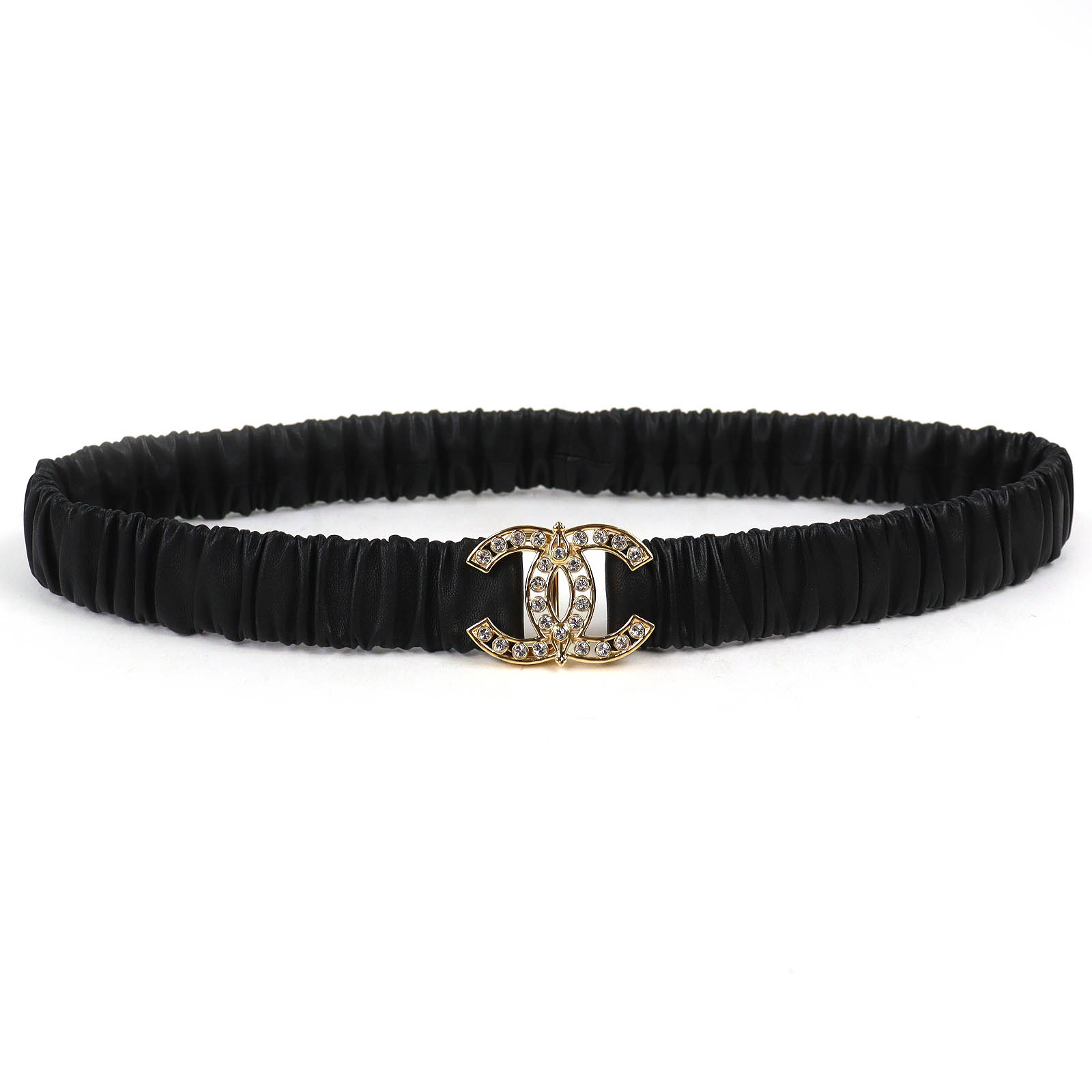 美品△CHANEL シャネル L23A ココマークラインストーンバックル なめし革 予防医学 三尺帯 黒いこと ゴールド金具 75/30 レディース 【中古】