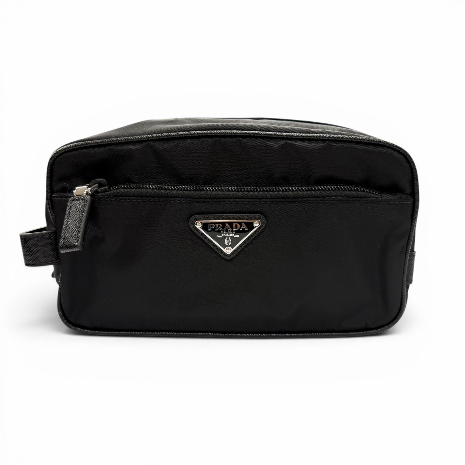 極美品▼PRADA プラダ 2NA819 ナイロン サフィアーノレザー Re-Nylon ３角形ロゴタイプ ３角形一皿 合切袋 ハンドバック クラッチペダル御徒面子 黒いこと イタリア製 メンズ 箱・保護すること袋付き添い人 【中古】
