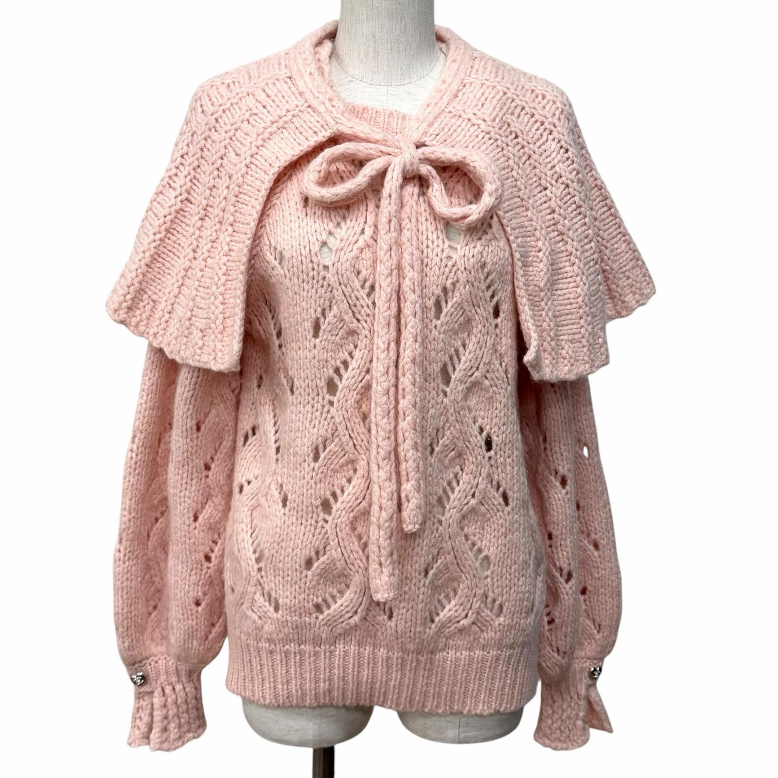 極美品★CHANEL シャネル 21B P71442 羊毛 アルパカ混 ケープ付 ラインストーンココマーク 鍵編み 編み物 サクラ色 40 イタリア製 レディース 【中古】