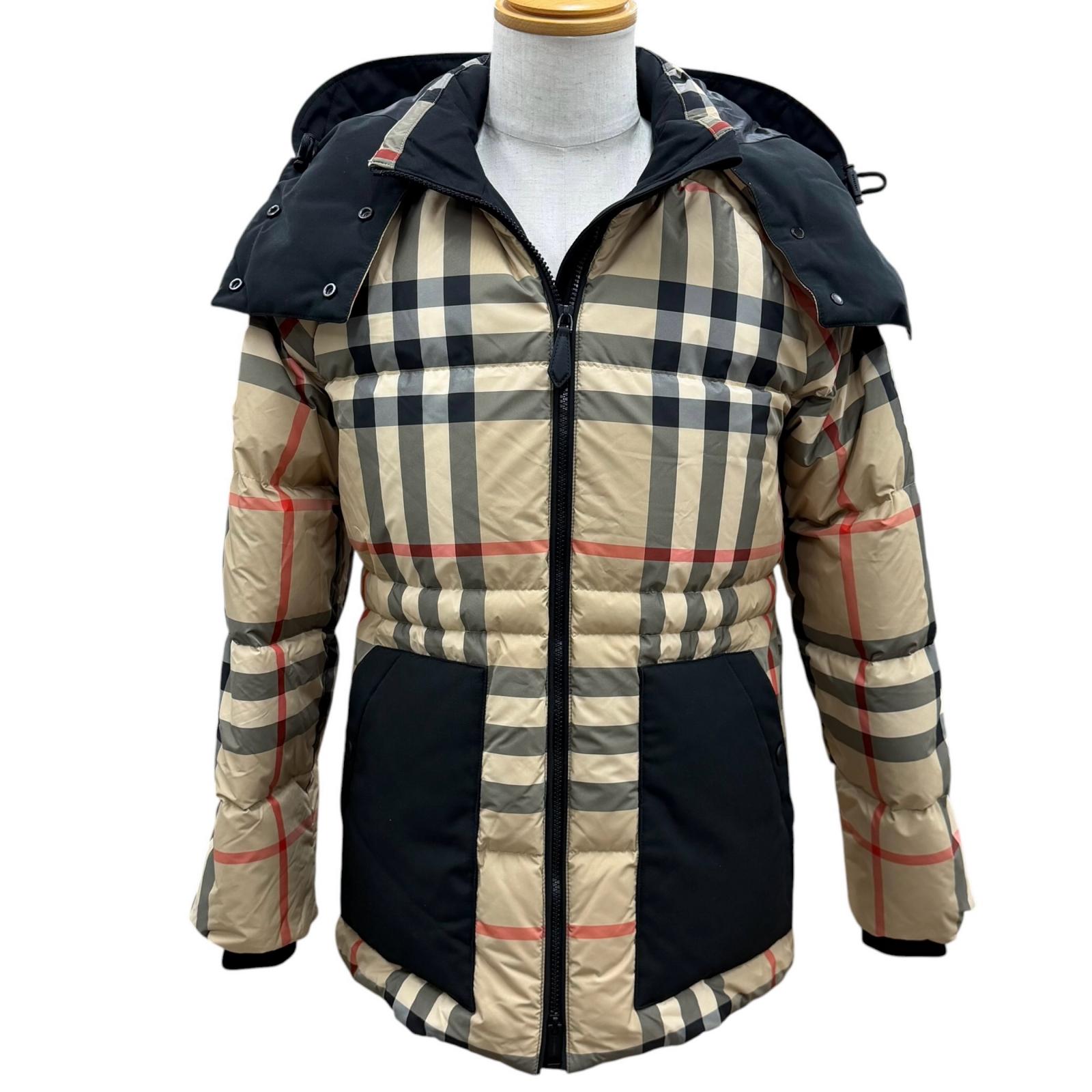 極美品▼BURBERRY バーバリー 8059094 ティッシ期 ノバチェック フーデッド ダブルジップアップ ダウンジャケット ブラック ベージュ S ガーメント付き 正規品 メンズ【中古】