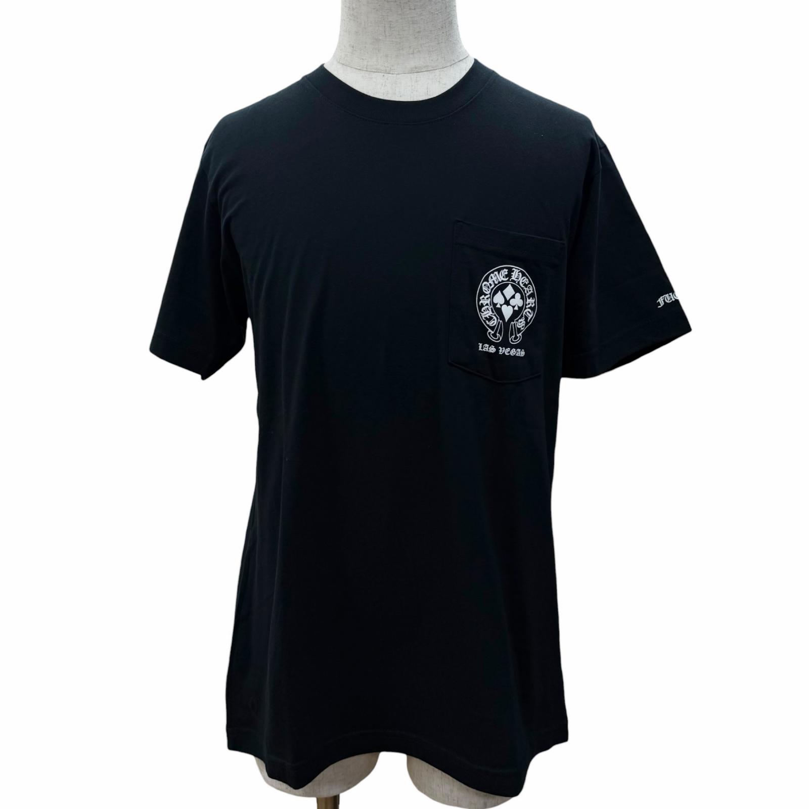 極美品□CHROME HEARTS クロムハーツ 綿織物100％ 鉄蹄 ロゴタイプ刷り上げる LASVEGAS押さえる 半袖 衣嚢Ｔシャツ 黒いこと M USA製 メンズ 【中古】