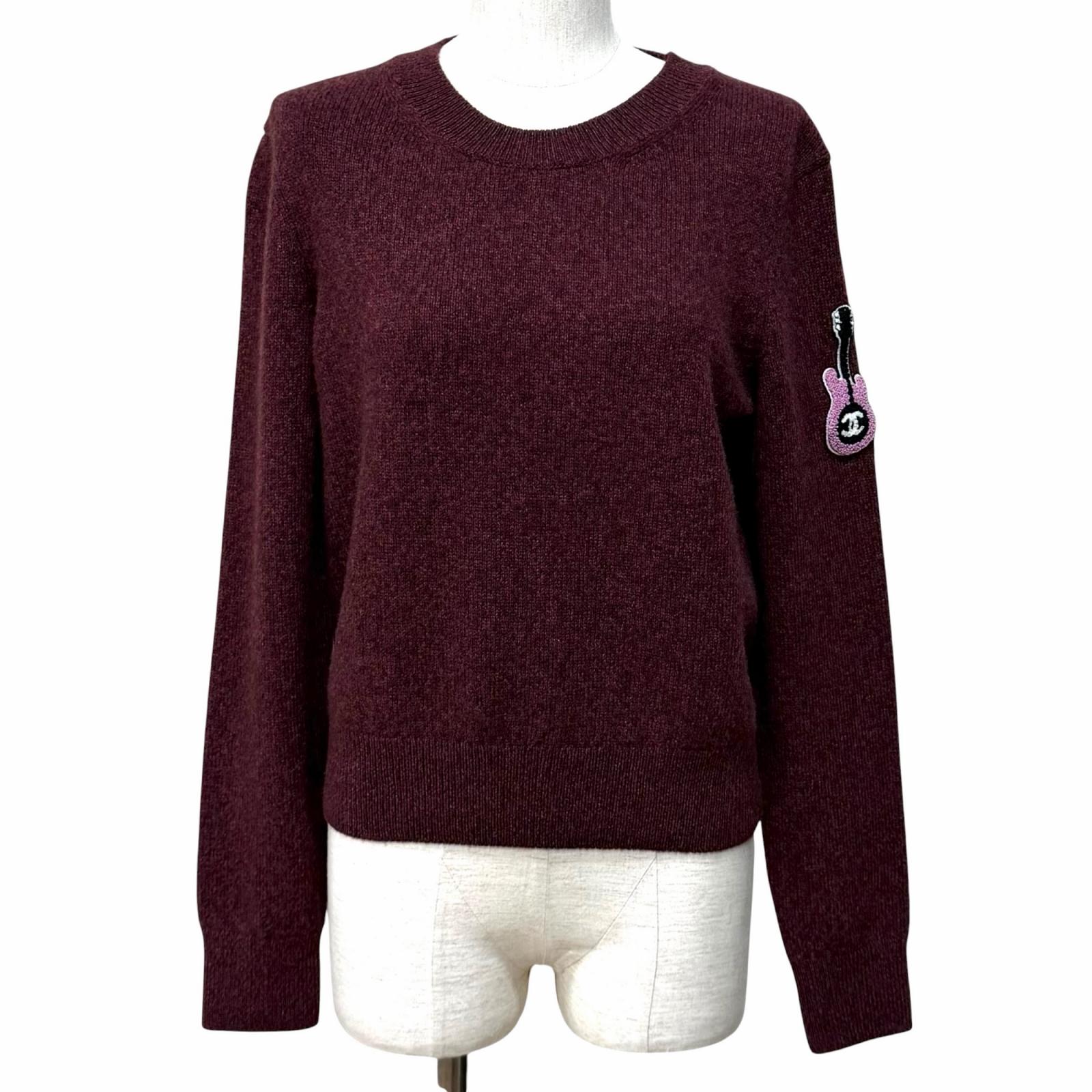 極美品★CHANEL シャネル P77562 ココマーク ギター紋章付 労働者の一団のど首 長袖 カシミール 編み物 ボルドーワイン 38 イタリア製 定め事品 レディース 【中古】