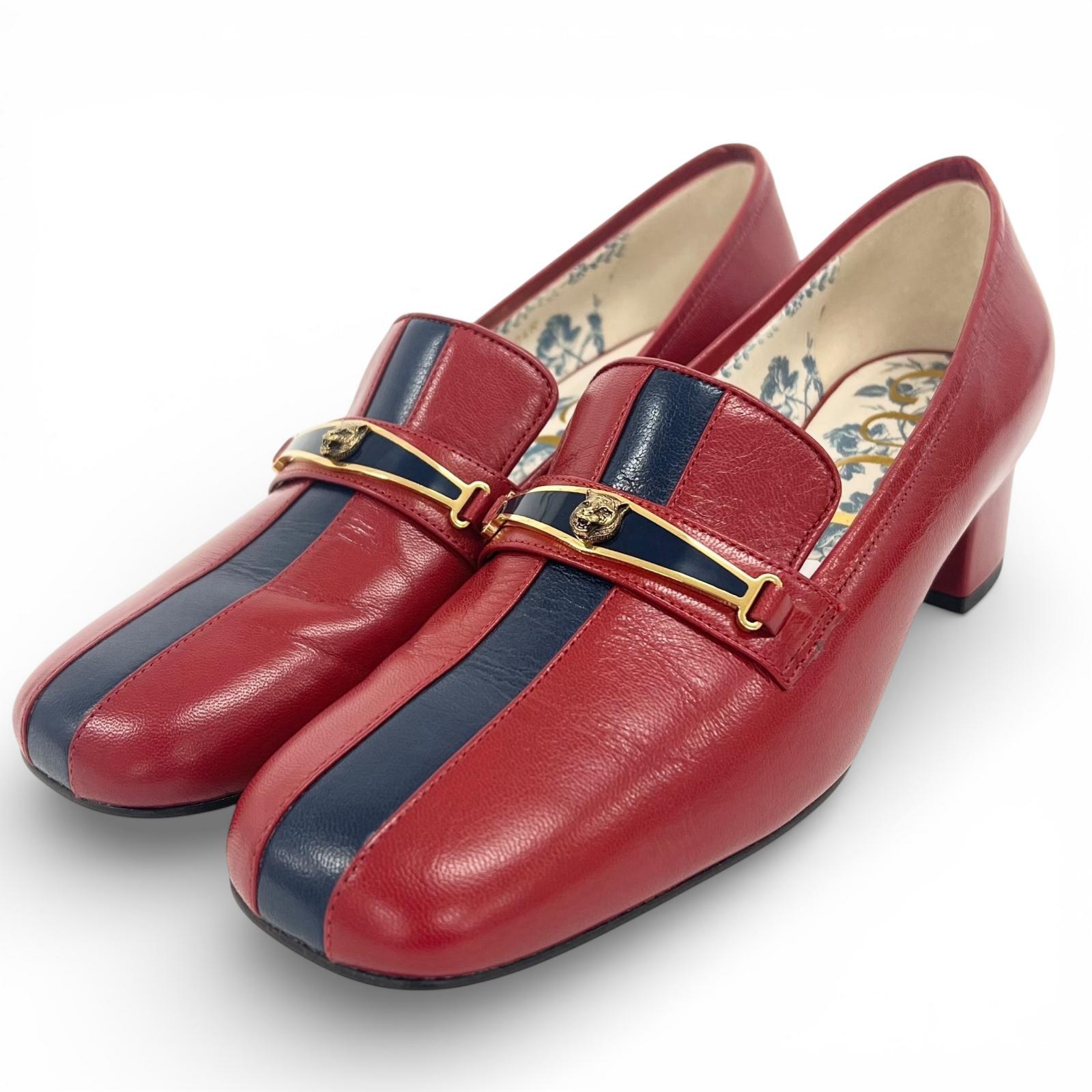 未当て嵌める品▲GUCCI グッチ 517109 キャットヘッド なめし革 パンプス 置き目毛革 赤いこと 米国海軍 37.5 箱・保護すること袋付き添い人 イタリア製 レディース【中古】
