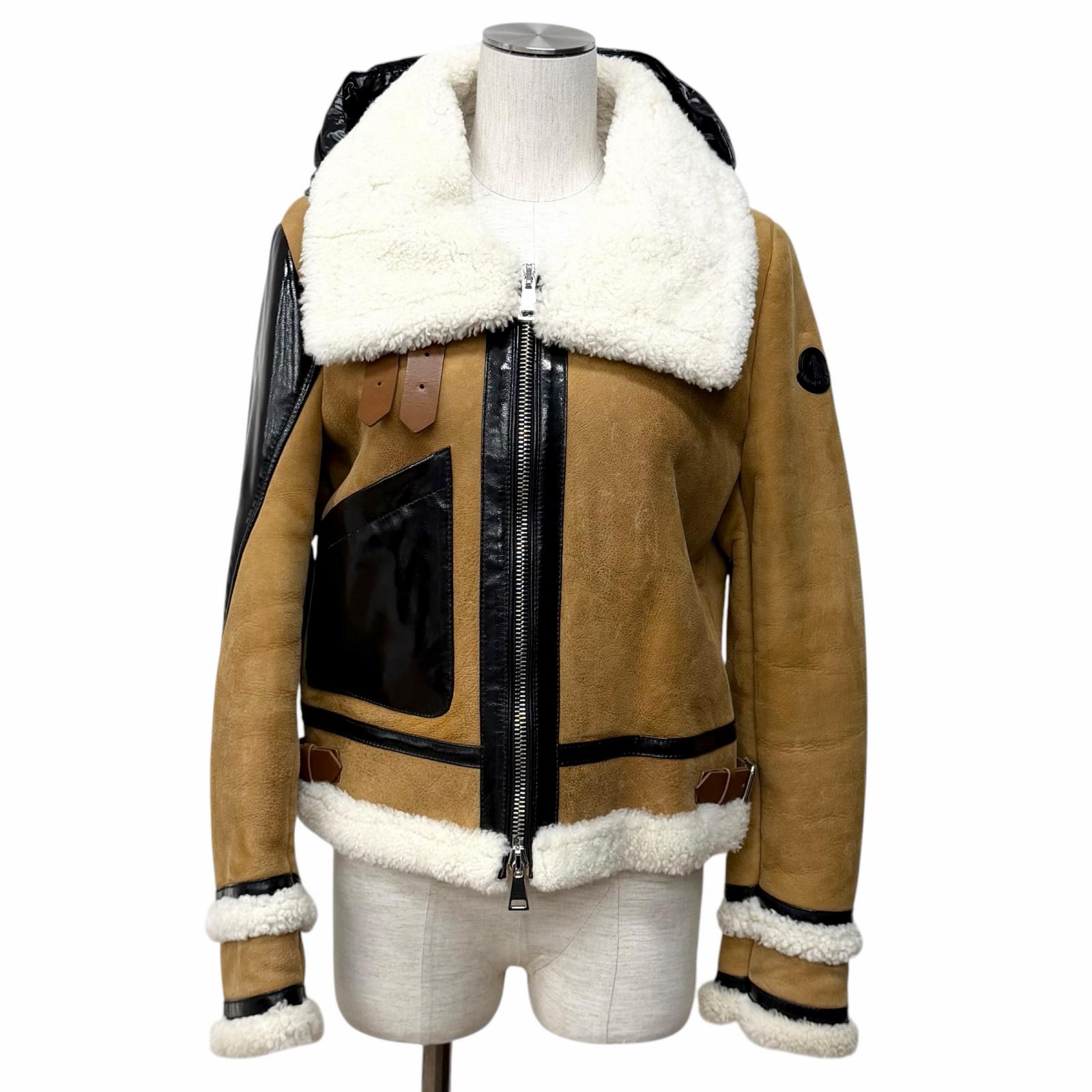 良品★MONCLER モンク線路 レザーロゴワッペン 落ちこむうつり変わり 羊肉 ライダースジャケット 赤銅色 黒いこと 1 置き目品 レディース 【中古】