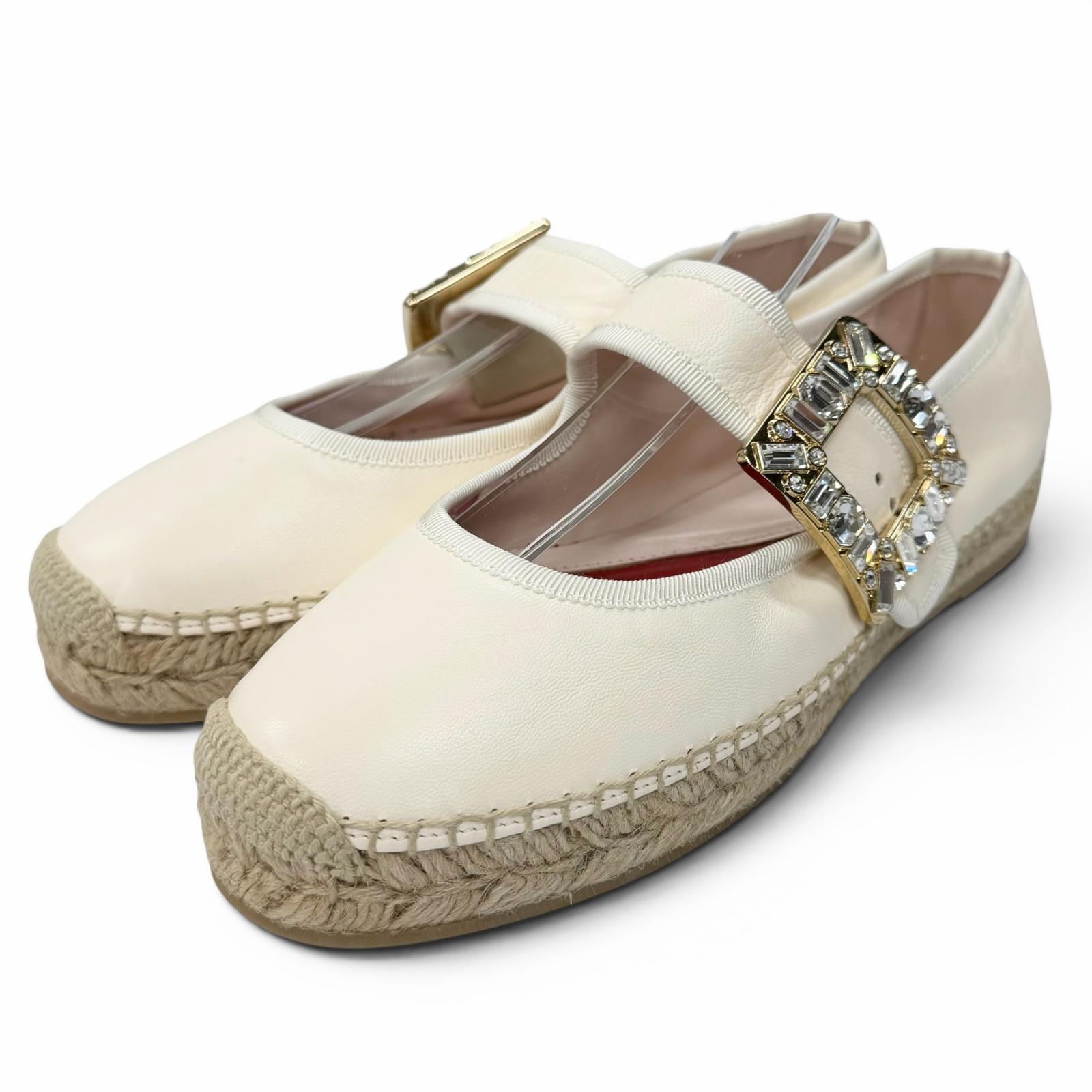 未当て嵌める品★ROGER VIVIER ロジェヴィヴィエ ストラスバックル エスパドリーユ なめし革シューズ 点火装置ベージュ 38.5 レディース 保護すること袋付き添い人 【中古】