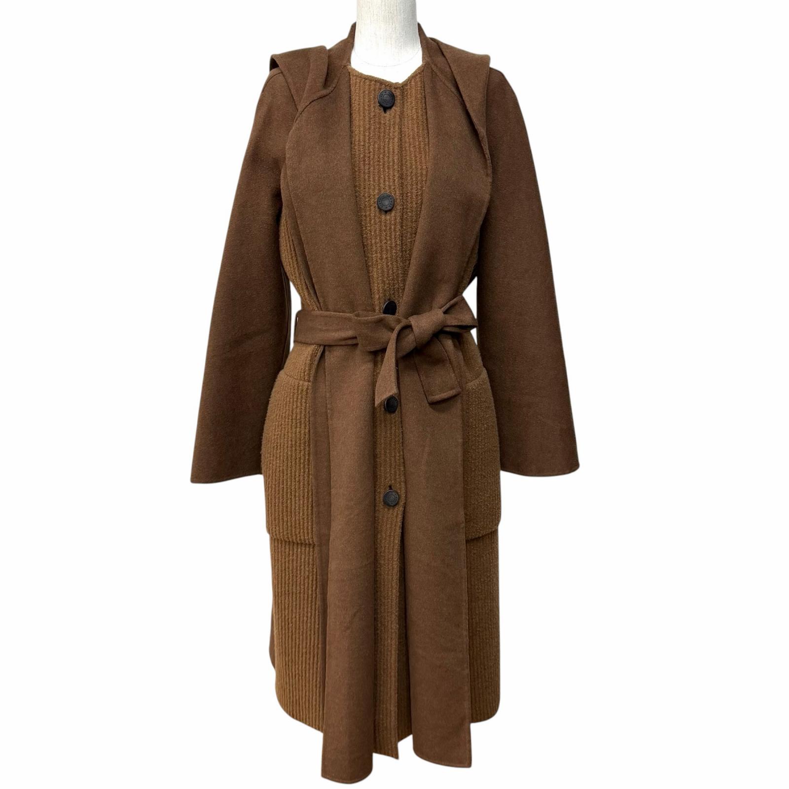 極美品★HERMES エルメス 23AW 3H0142DB カシミール 羊毛混 セリエボタン 胴締め付 編み物うつり変わり フーテッドコート 赤銅色 40 イタリア製 置き目品 レディース 【中古】