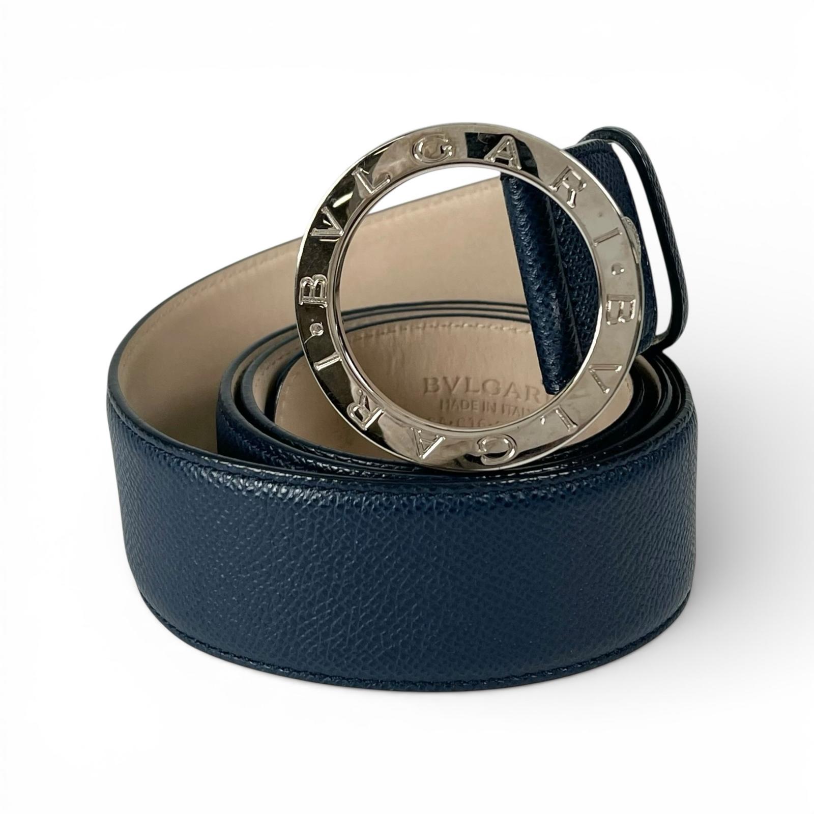 美品▲BVLGARI ブル小峡谷 39546 ブル小峡谷 ブル小峡谷 マン サークルロゴバックル なめし革 胴締め 米国海軍 しろがね色金具 44 イタリア製 メンズ 【中古】