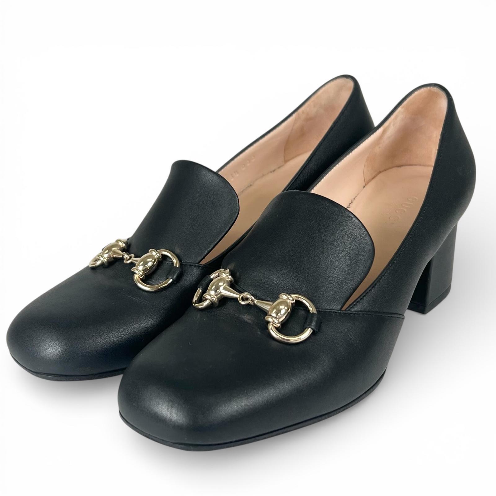 極美品▲GUCCI グッチ 466701 導管ビット スクエアトゥ チャンキーヒール なめし革パンプス 黒いこと ゴールド金具 36.5 イタリア製 レディース【中古】