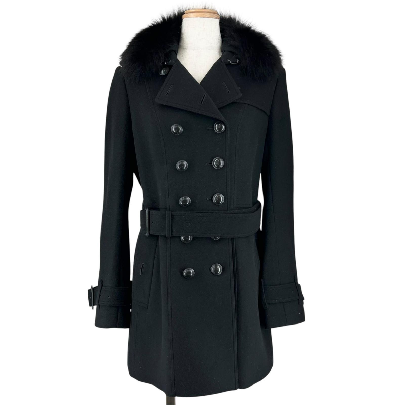 極美品▲BURBERRY LONDON バーバリーロンドン カシミール混 襟FOX毛革 ロゴタイプ名取り草 羊毛厚地の外套 黒いこと 40 日本製 定め事品 レディース 【中古】