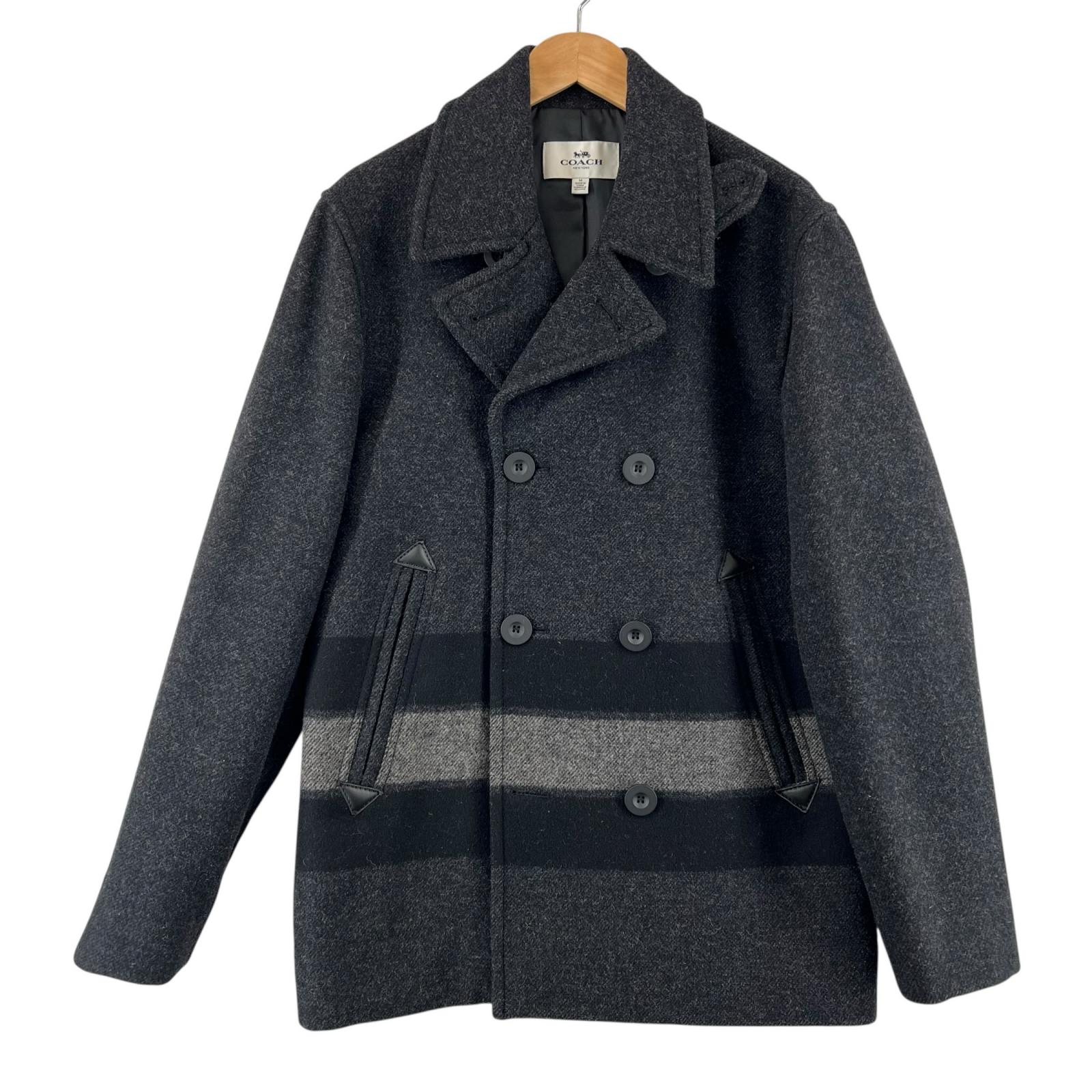 極美品▲COACH コーチ職 F86518 ロゴタイプ名取り草 なめし革切り調える 間借り人 ダブル乳ぶさ P厚地の外套 ピーコート まっ黒い薄墨色 M 定まり品 メンズ【中古】