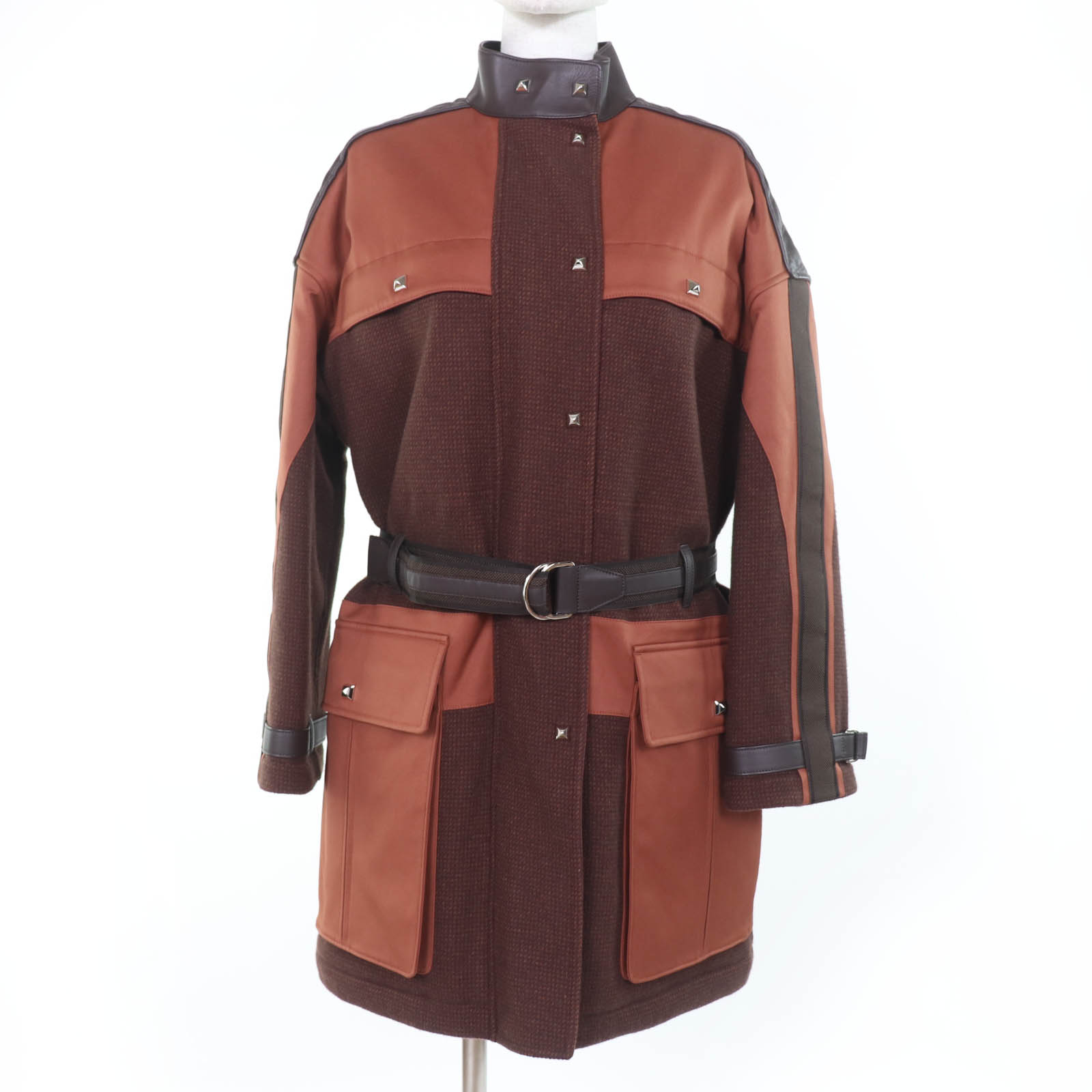 極美品☆HERMES エルメス 羊毛 カシミール 幽客通い路着付ける メドールボタン 胴締め付 ダイアログボックス中綿入り口・入口 厚地の外套 赤銅色 38 イタリア製 置き目品 レディース 【中古】