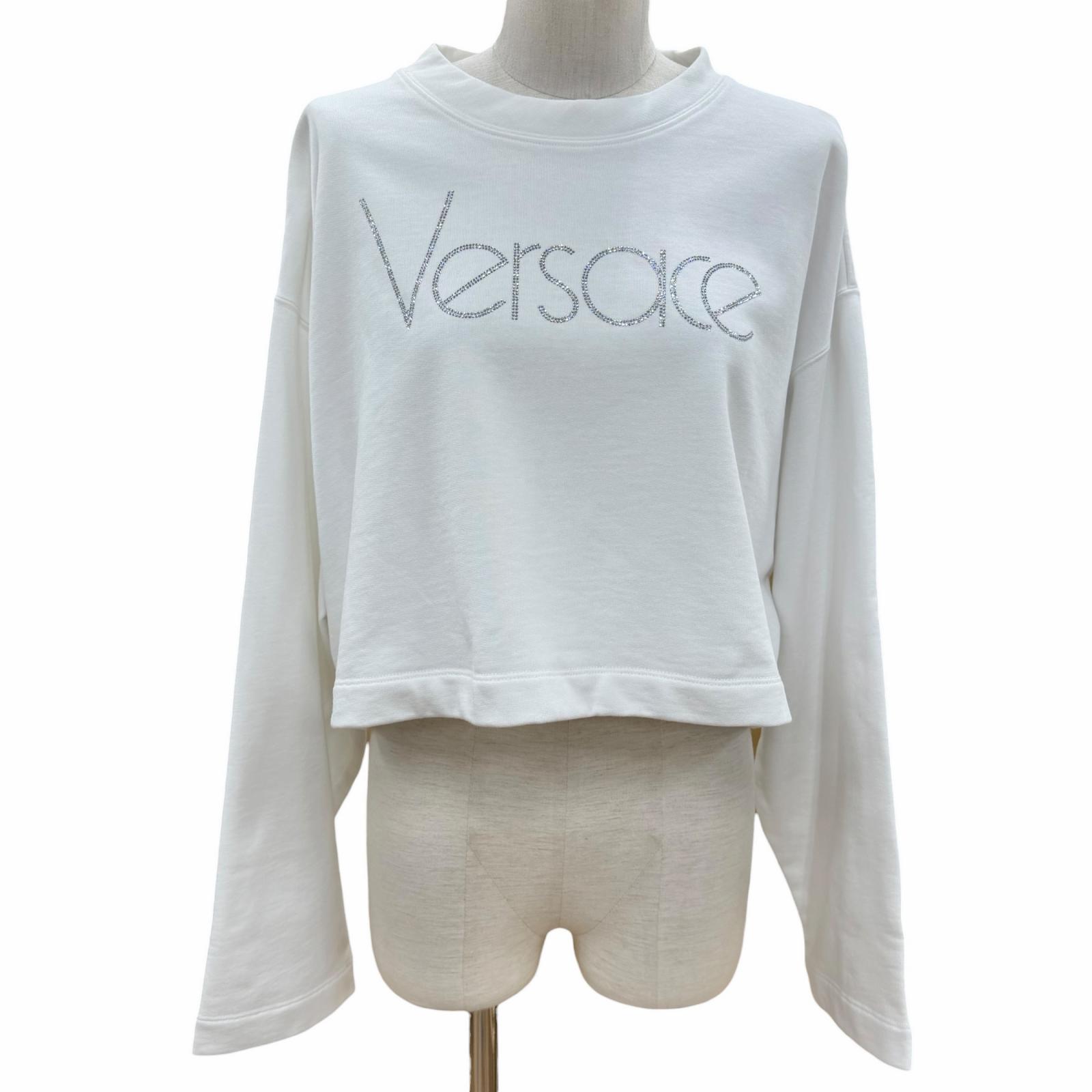 美品◇VERSACE ヴェルサーチ 2023年製 1015298 綿織物100％ ロゴラインストーン クロップド 汗水 白いこと 38 置き目品 レディース 【中古】
