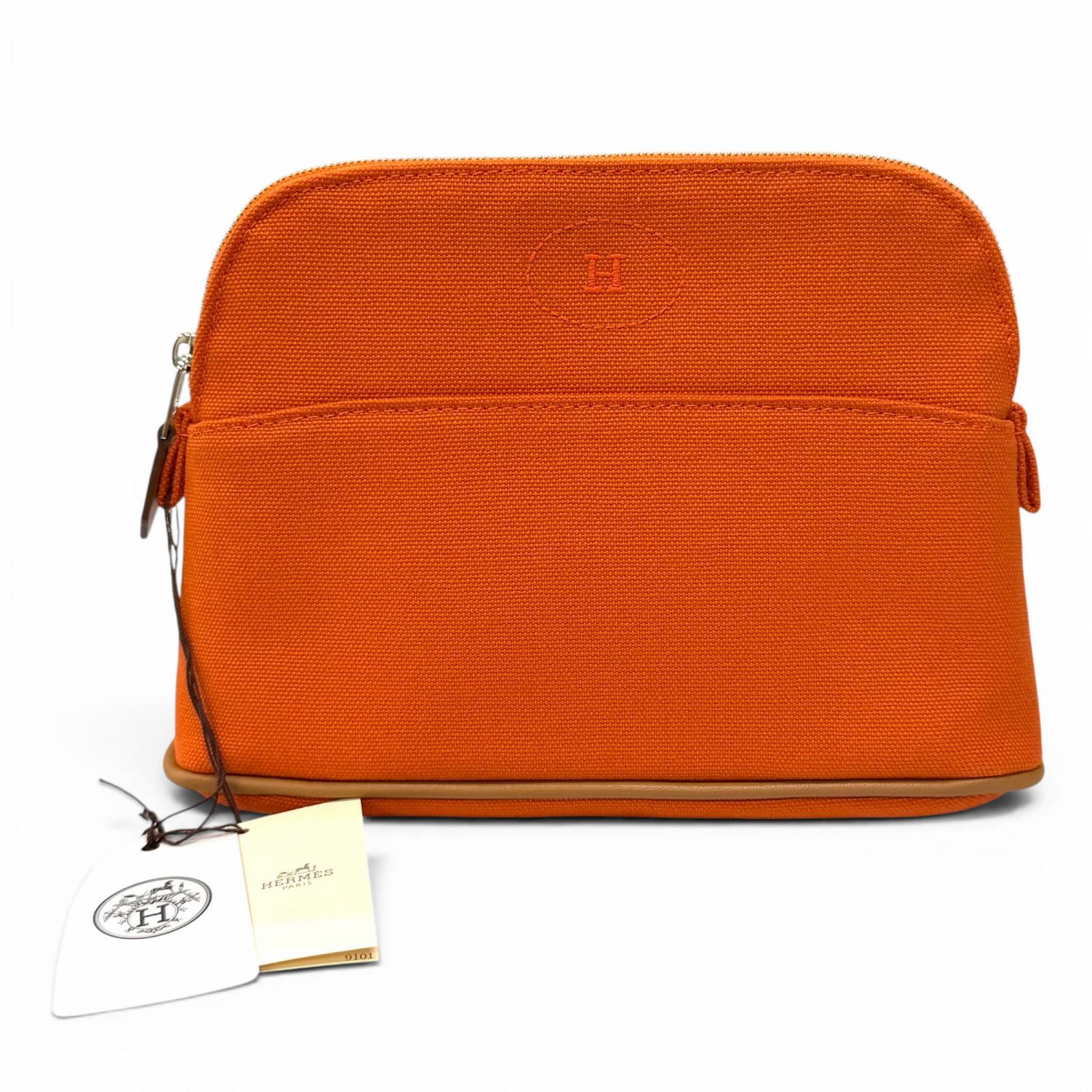 未当て嵌める品★HERMES エルメス ボリードポーチ 綿織物100％ しろがね色金具 H刺しゅう入り口・入口 かざり付ける車寄せ オレンジ色 フランス共和国製 レディース  【中古】