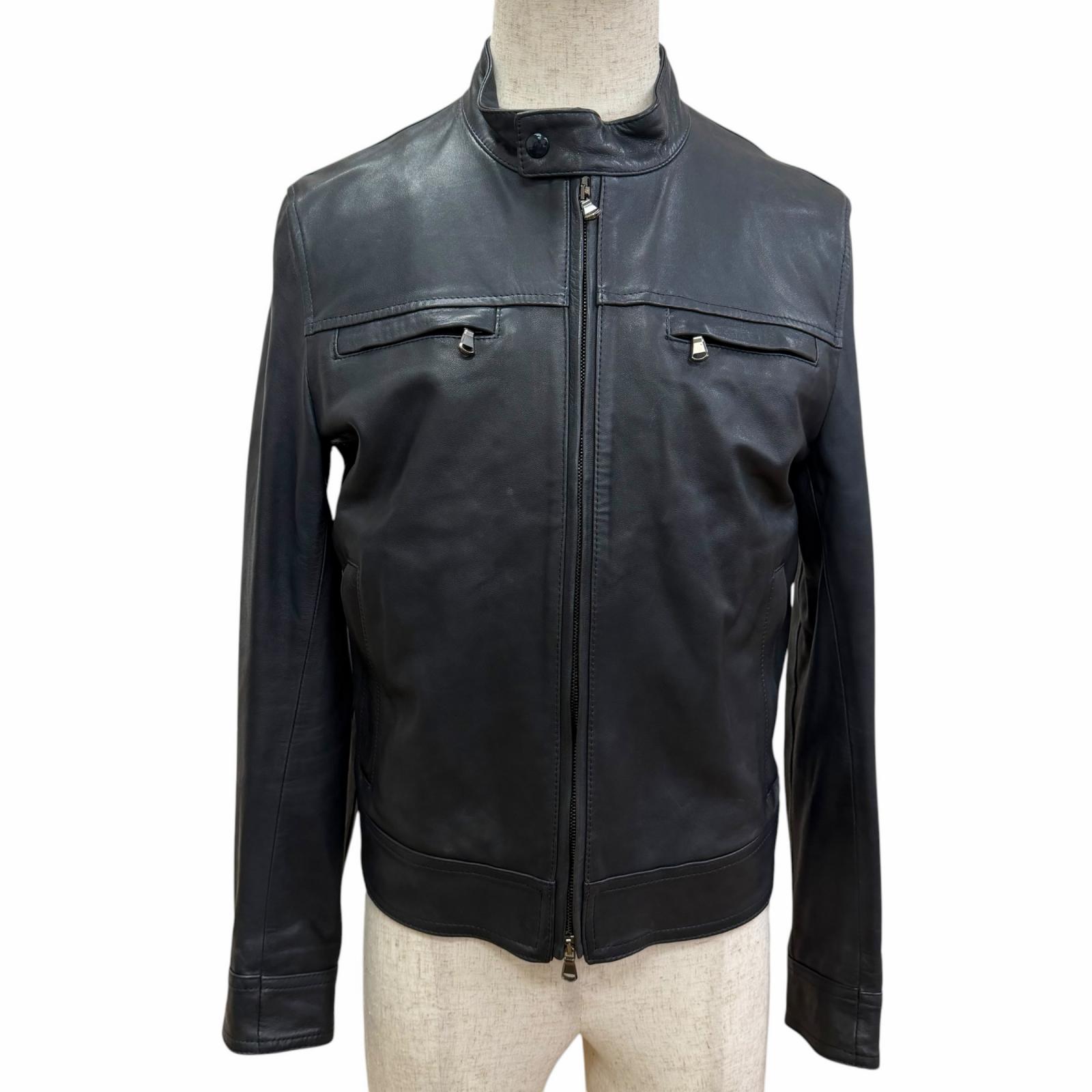 美品□EMMETI エンメティ SAMUELE 照明ランプ色合い ラムレザージャケット ライダース ダークネイビー 46 イタリア製 置き目品 メンズ【中古】