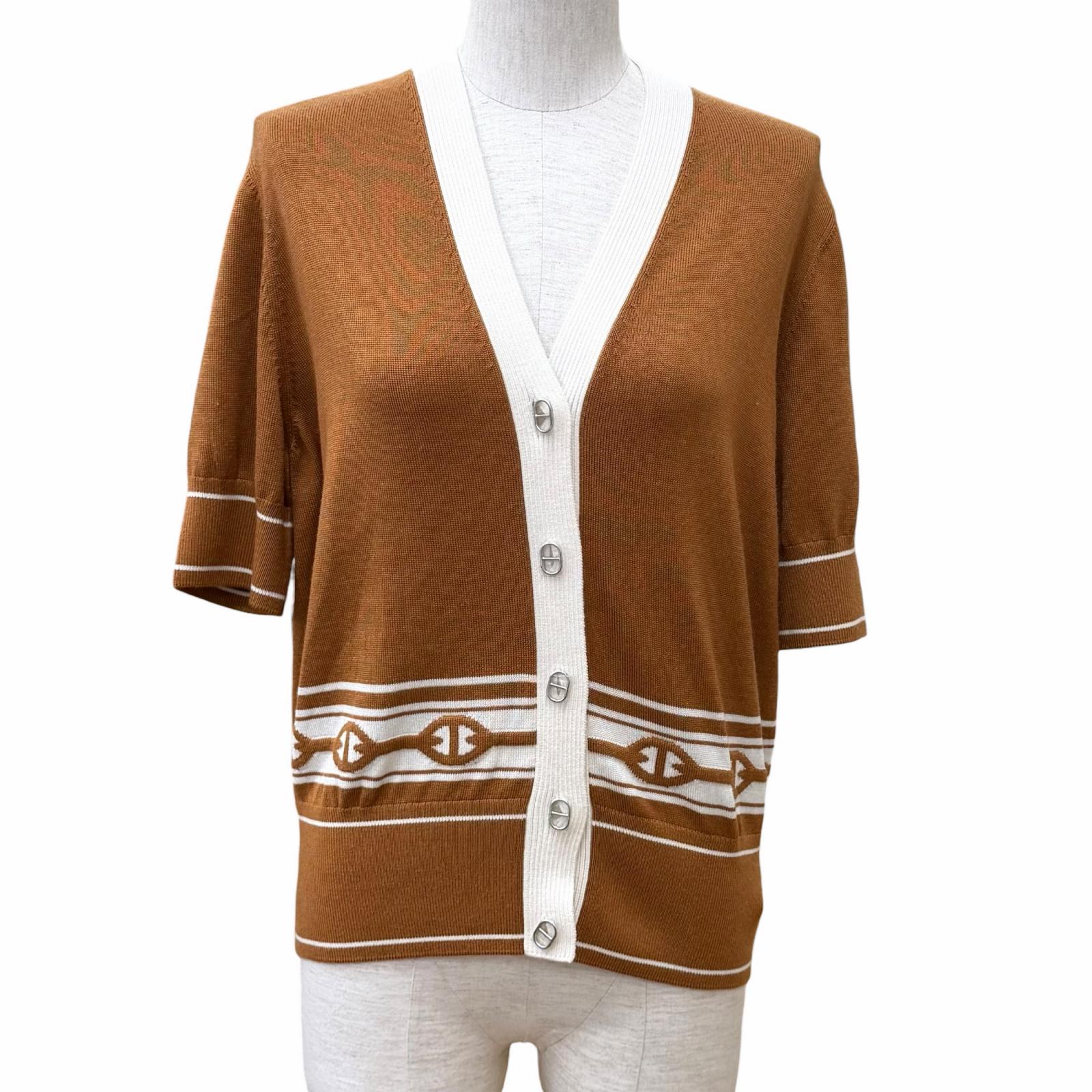 未当て嵌める品★HERMES エルメス 25SS 5E2749DF 編み物ジレー シェーヌ ダンクル カシミール 地絹混 しろがね色金具 Vのど首 半袖 ジレー 赤銅色 42 イタリア製 定め事品 レディース  【中古】