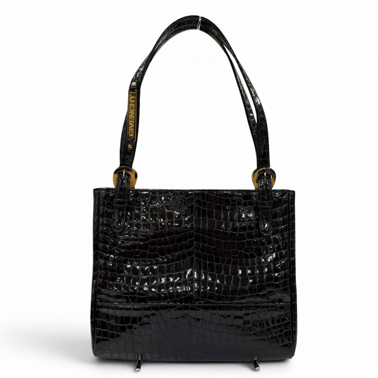 極美品☆GIVENCHY ジバンシィ 牛革 ロゴ金具 クロコ型押し レザー ショルダーバッグ ハンドバッグ ブラック 日本製 レディース 箱付き 【中古】｜衣類＆ブランドリサイクル GREEN 19,525円