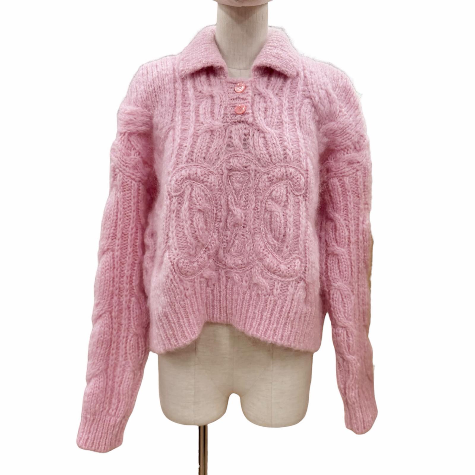 極美品◇CELINE セリーヌ 25AW 2ADMI884Z 24BY トリオンフデザイン アランモヘヤ 羊毛 編み物 サクラ色 XS イタリア製 定まり品 レディース 【中古】