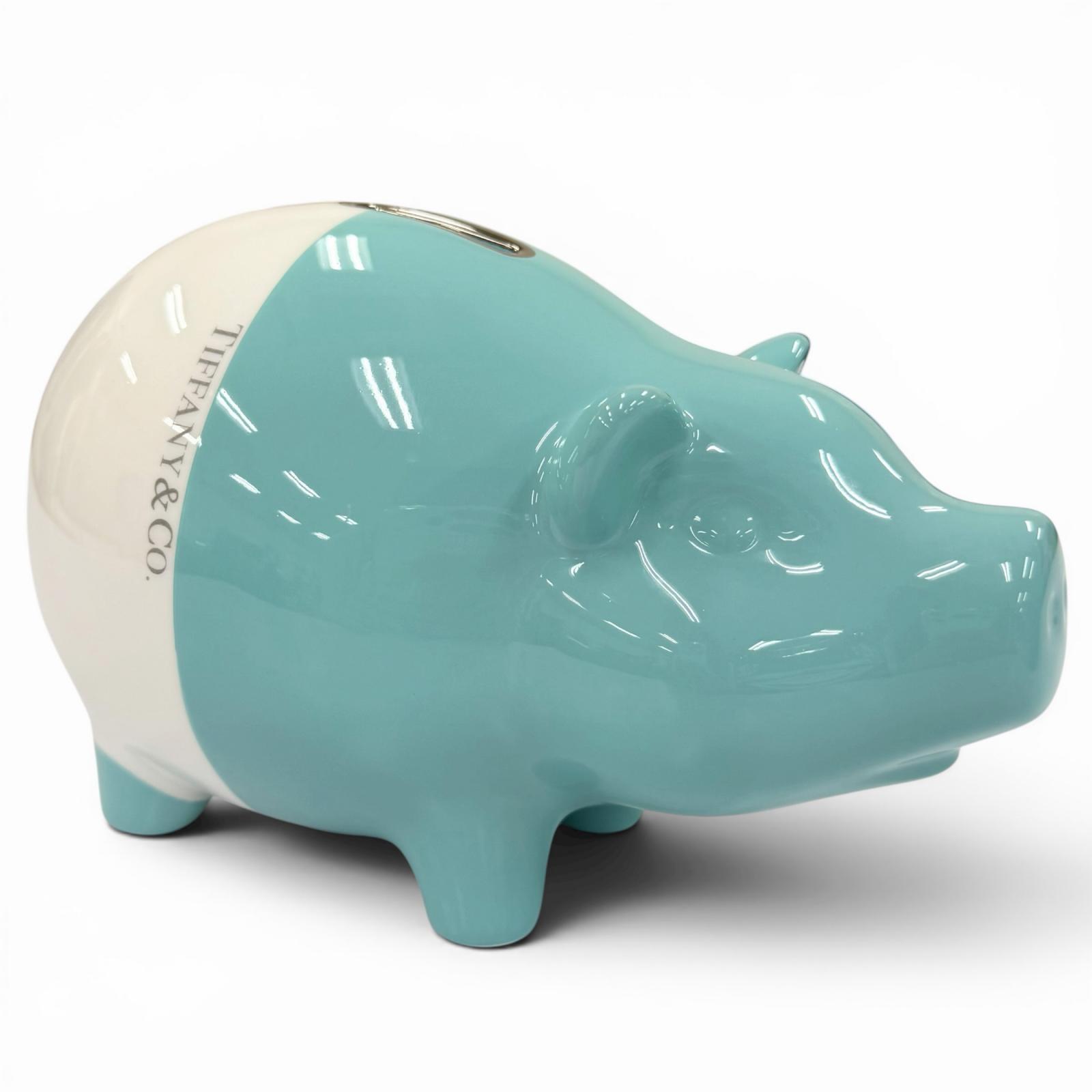 未当て嵌める品☆TIFFANY\u0026Co. ティファニー ピギーバンク 瀬戸もの ロゴタイプ入り口・入口 積み立てる箱 室内装飾 青碧 白いこと イタリア製 レディース 箱付き添い人 【中古】